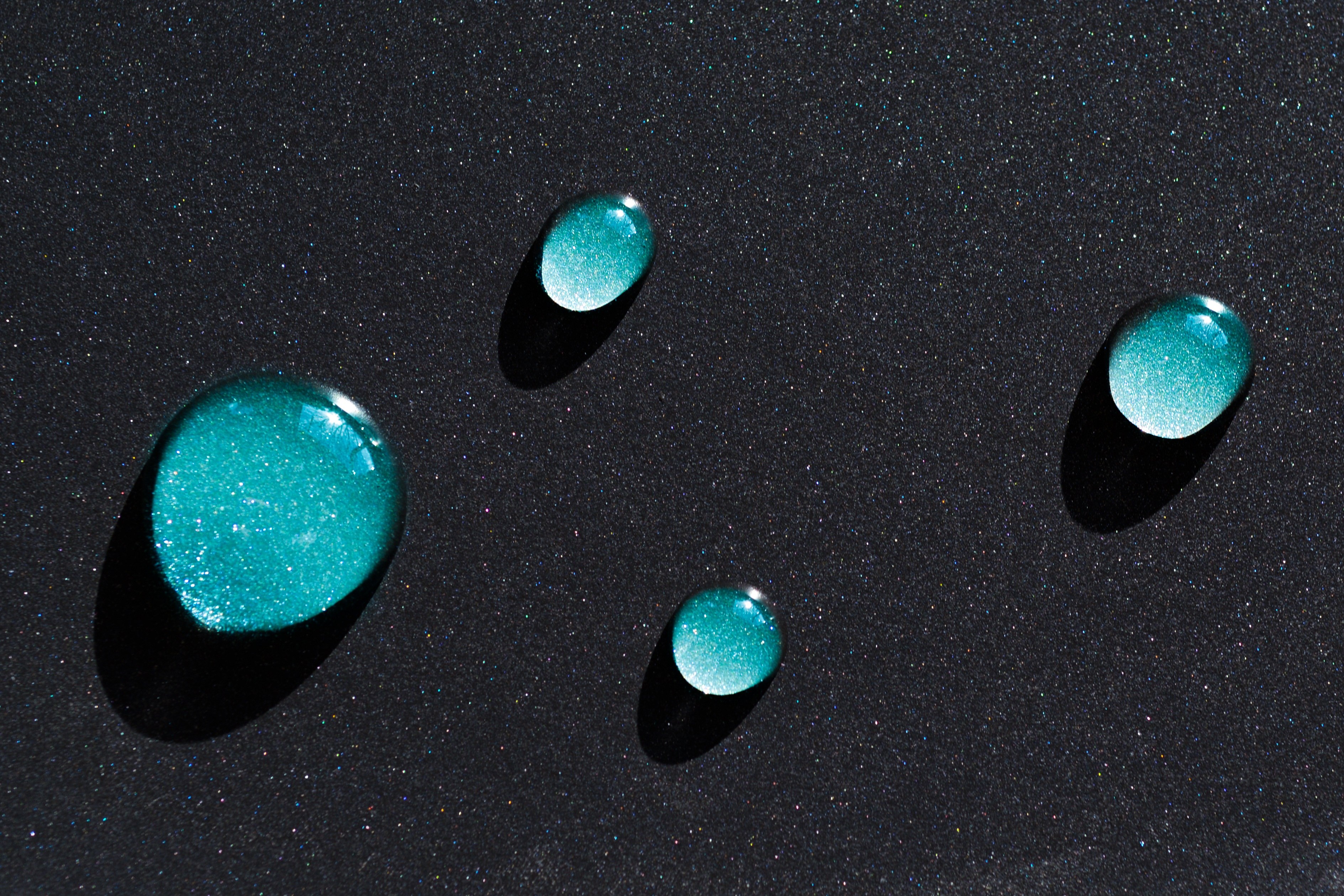 Gotas de água, Azul, Fundo escuro, Close-up, Macro, Sombra, 3D