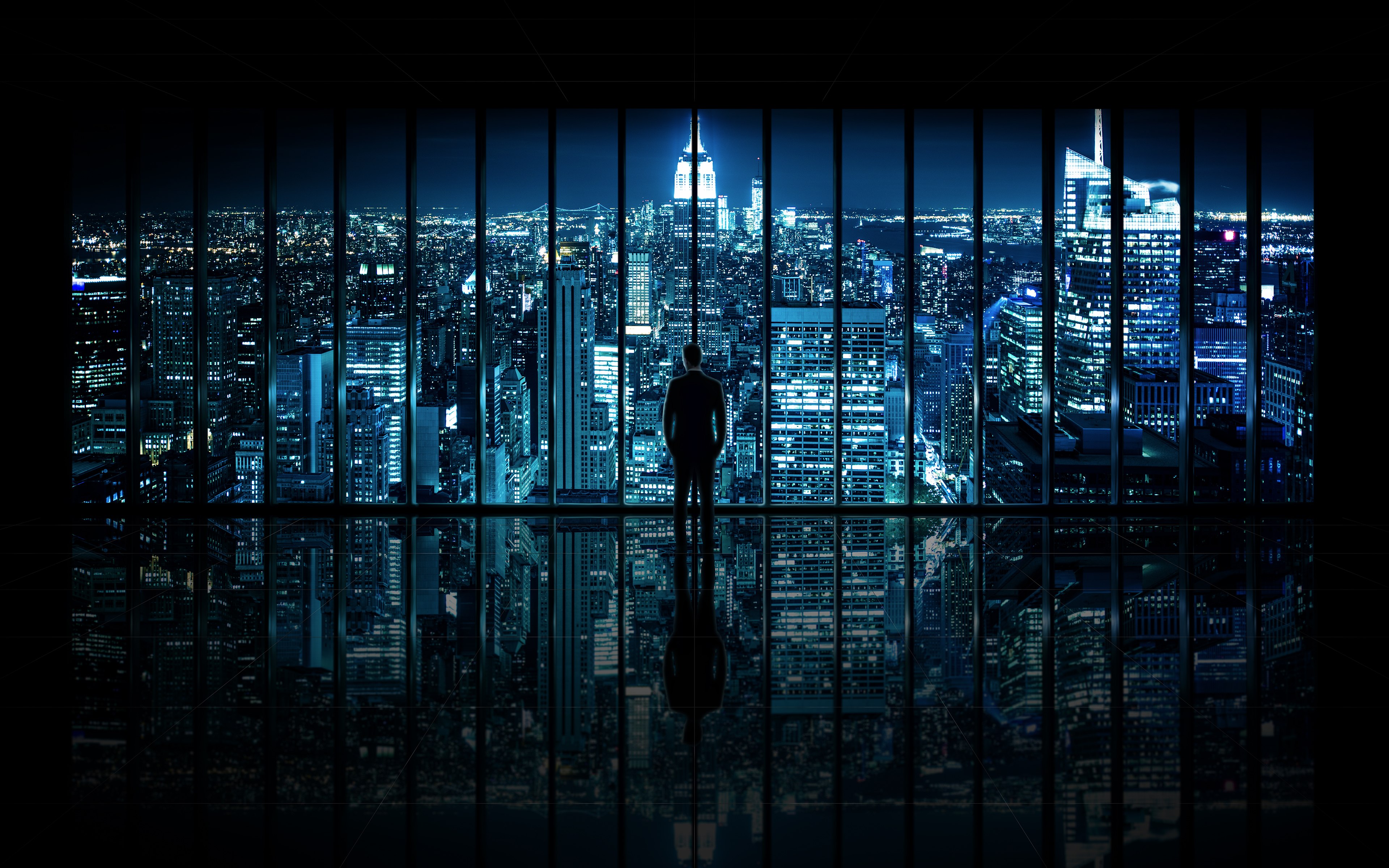 Gotham, Paisagem urbana, Luzes da cidade, Em pé, Homem, Reflexo, Padrão, Arranha-céus, Período noturno, Nova York