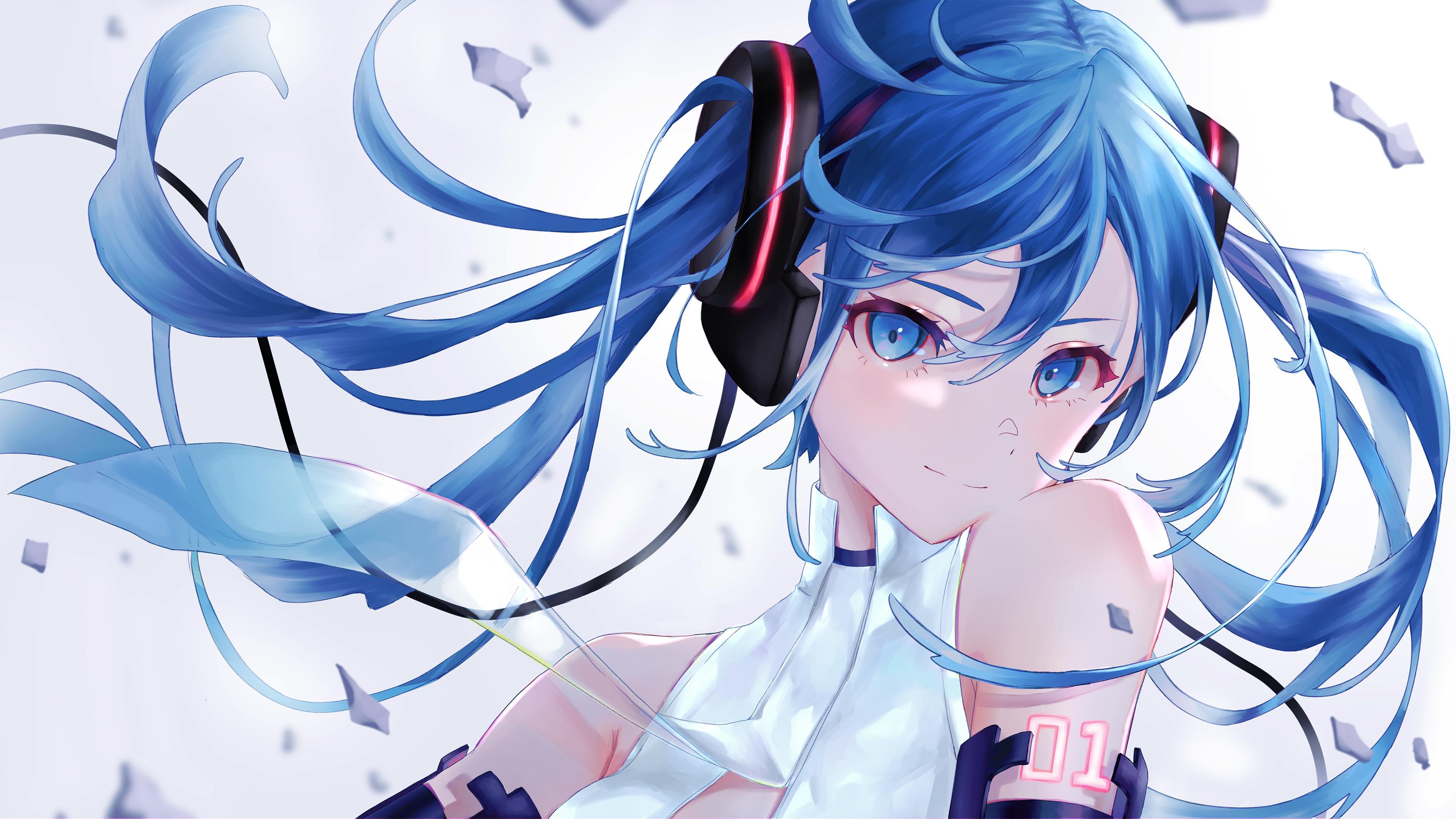 Hatsune Miku, Garota de anime, Fundo branco, Azul