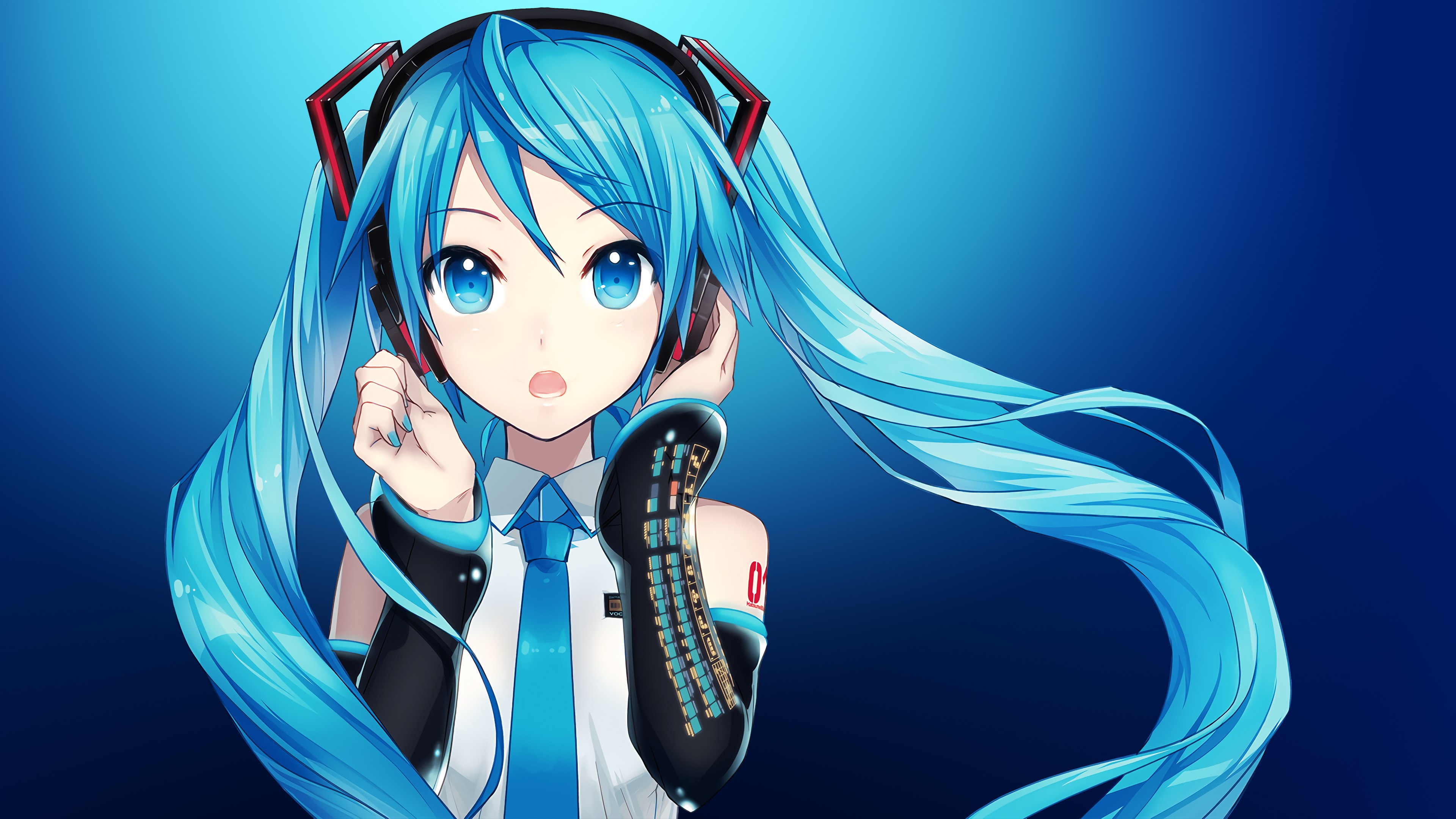 Hatsune Miku, Ouvindo música, Fones de ouvido, Garota japonesa, Garota de anime, Estética azul