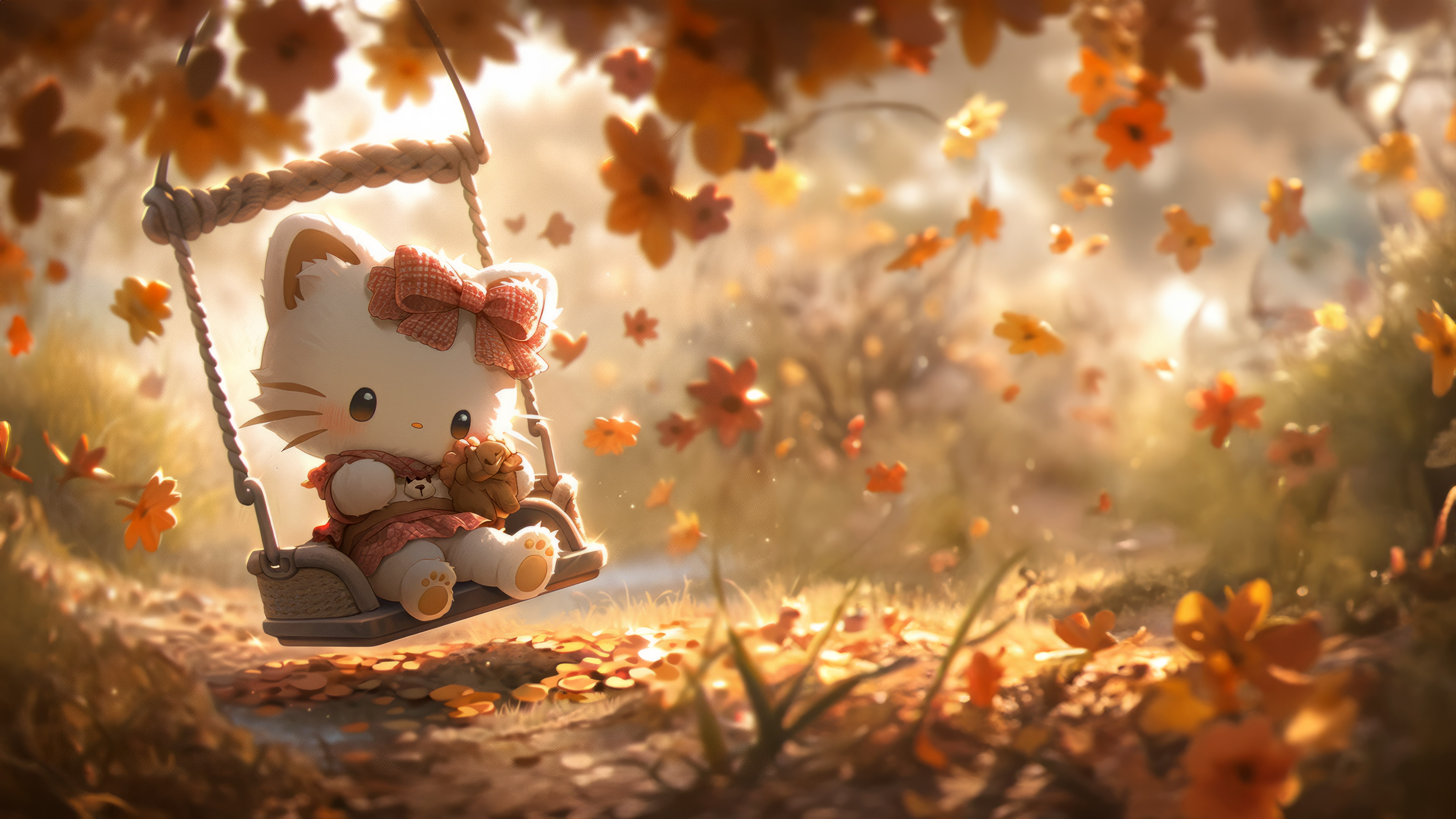 Hello Kitty, Fundo de outono, 5K, 8K, Adorável, Balanço, Surreal, Estética