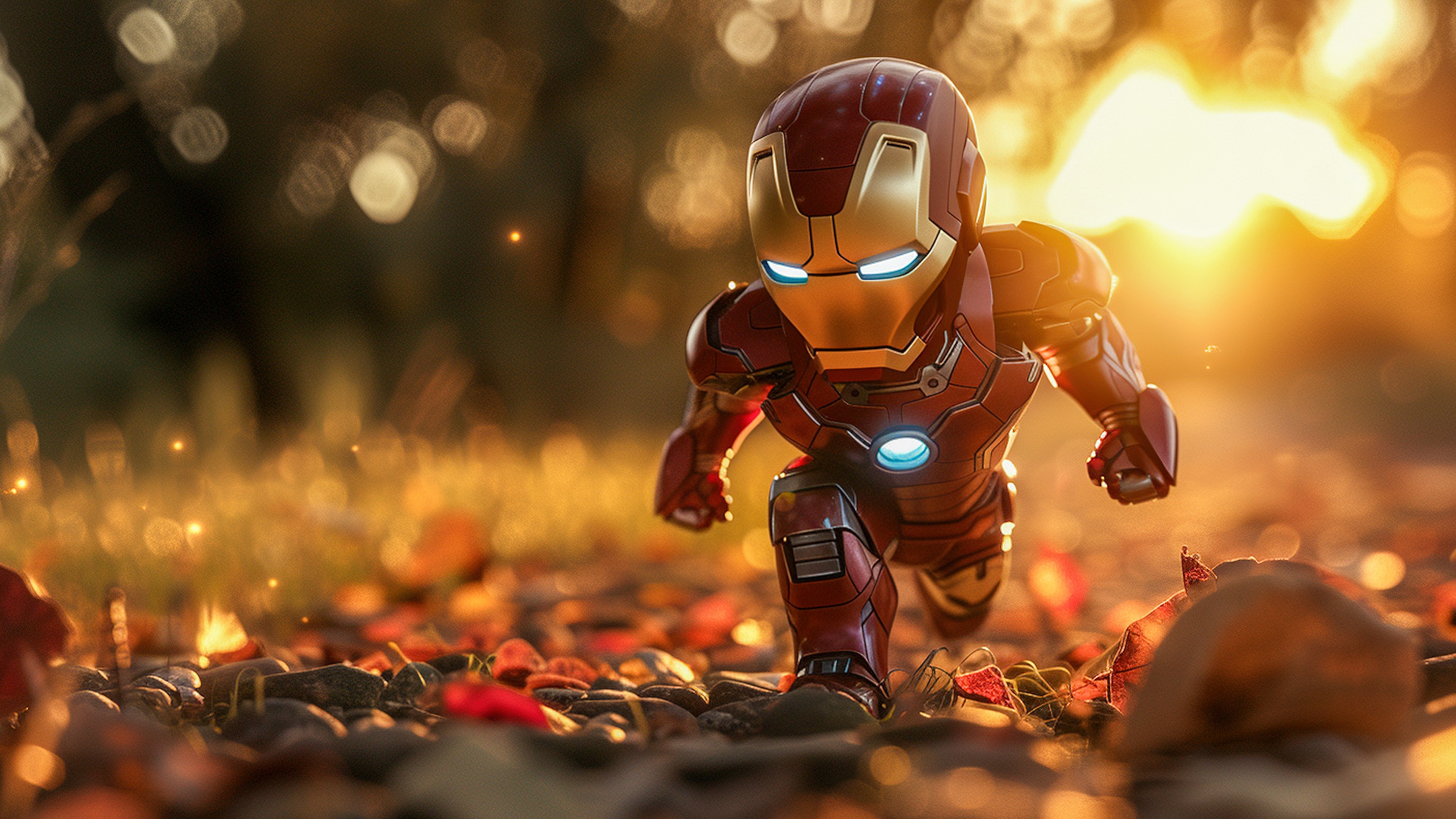 Homem de Ferro, Chibi, Arte de IA, Fundo com bokeh, Fundo de outono