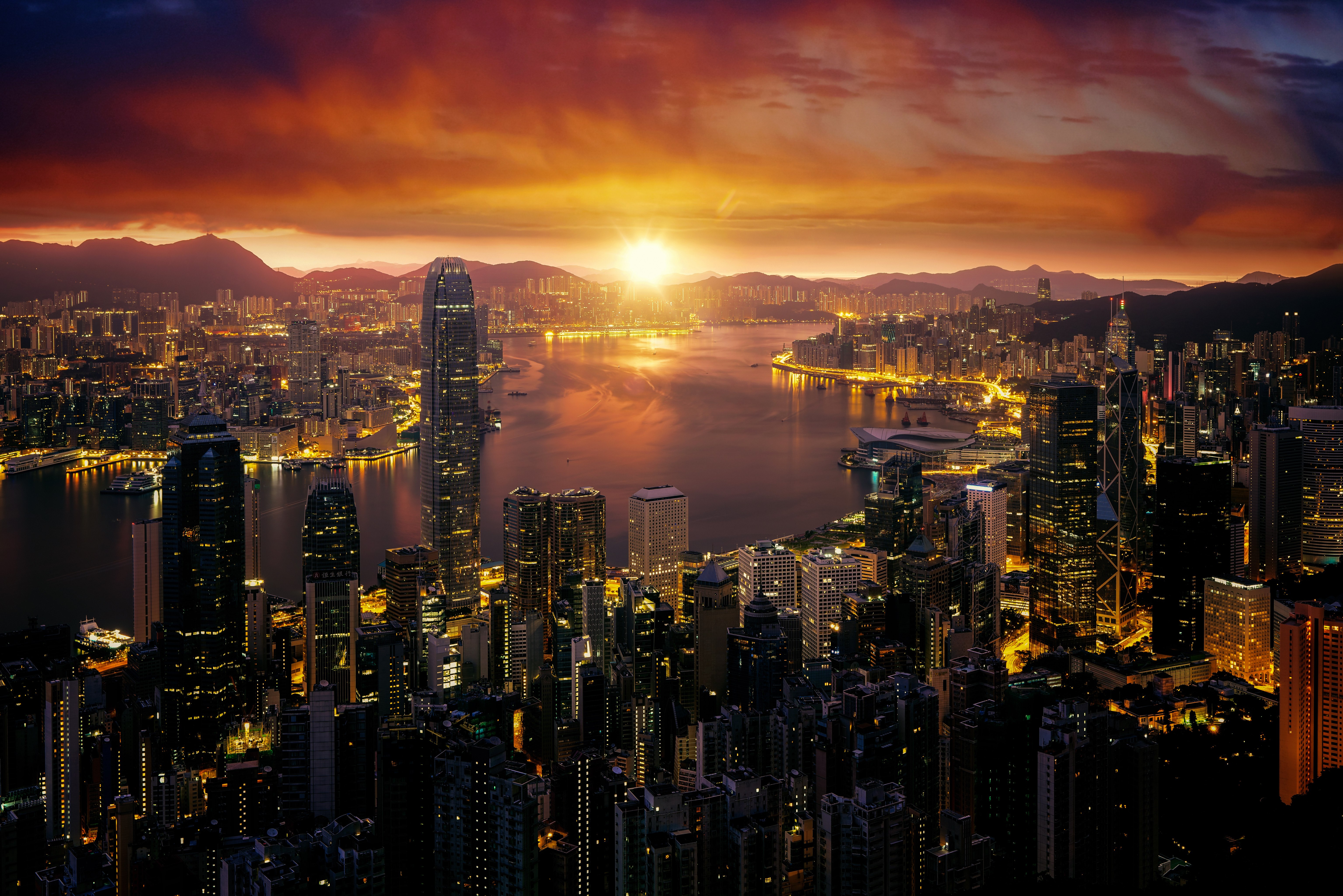 Hong Kong, Nascer do sol, Paisagem urbana, Luzes da cidade, Horizonte, 5K