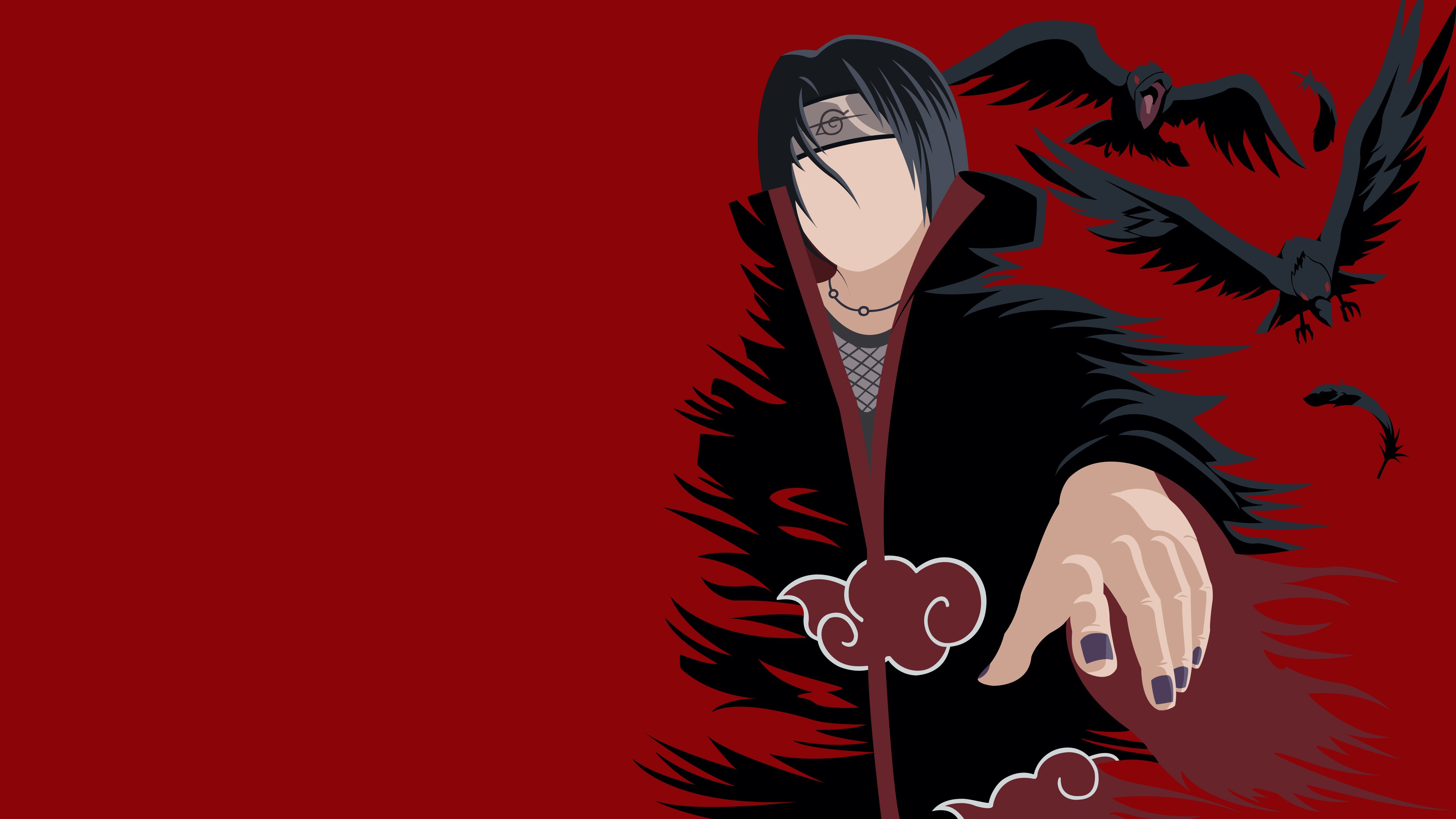 Itachi Uchiha, 5K, Naruto, Arte minimalista, Fundo vermelho, Sem rosto