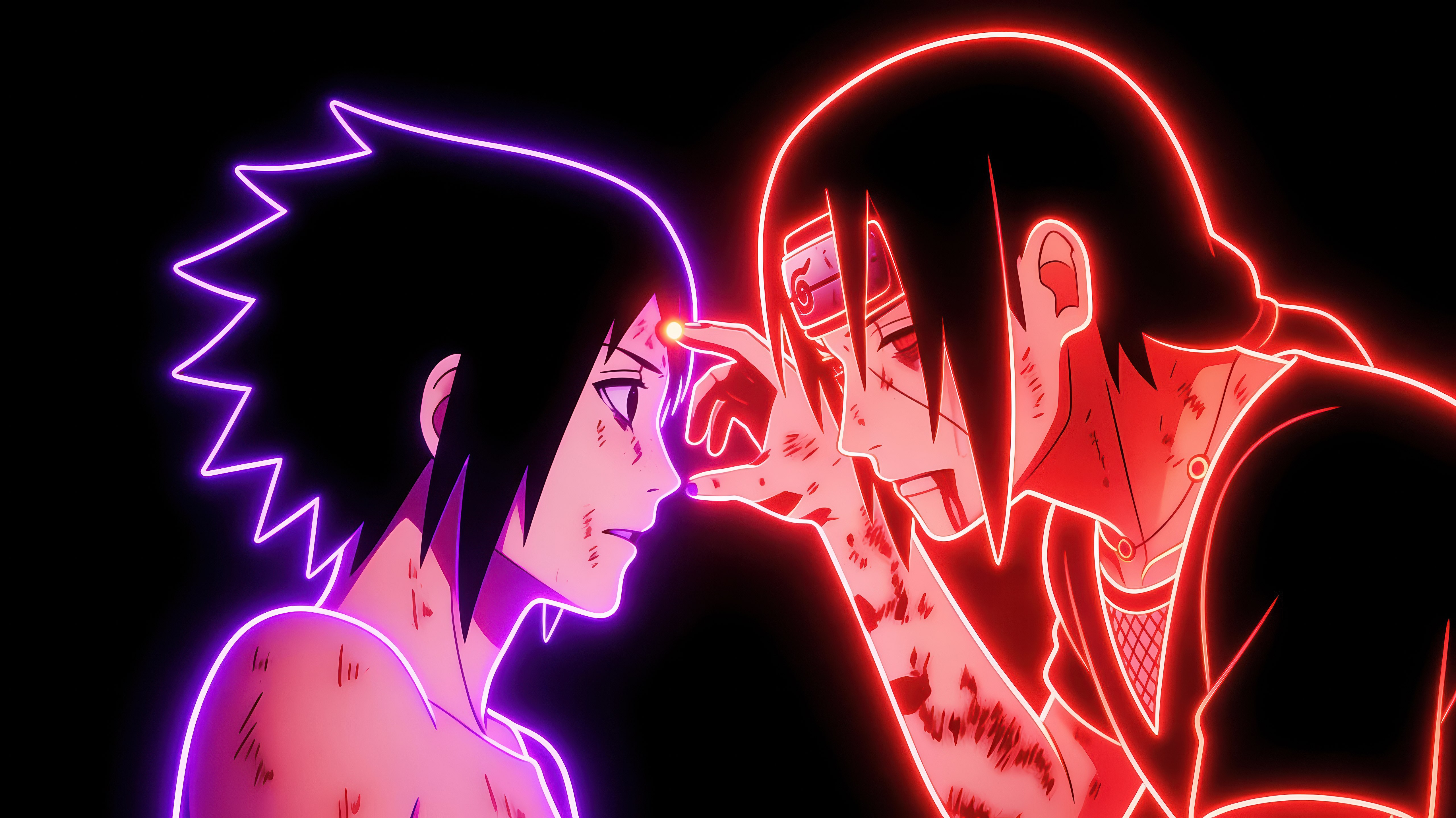 Itachi Uchiha, Sasuke Uchiha, Arte em neon, Brilho neon, Fundo preto, 5K