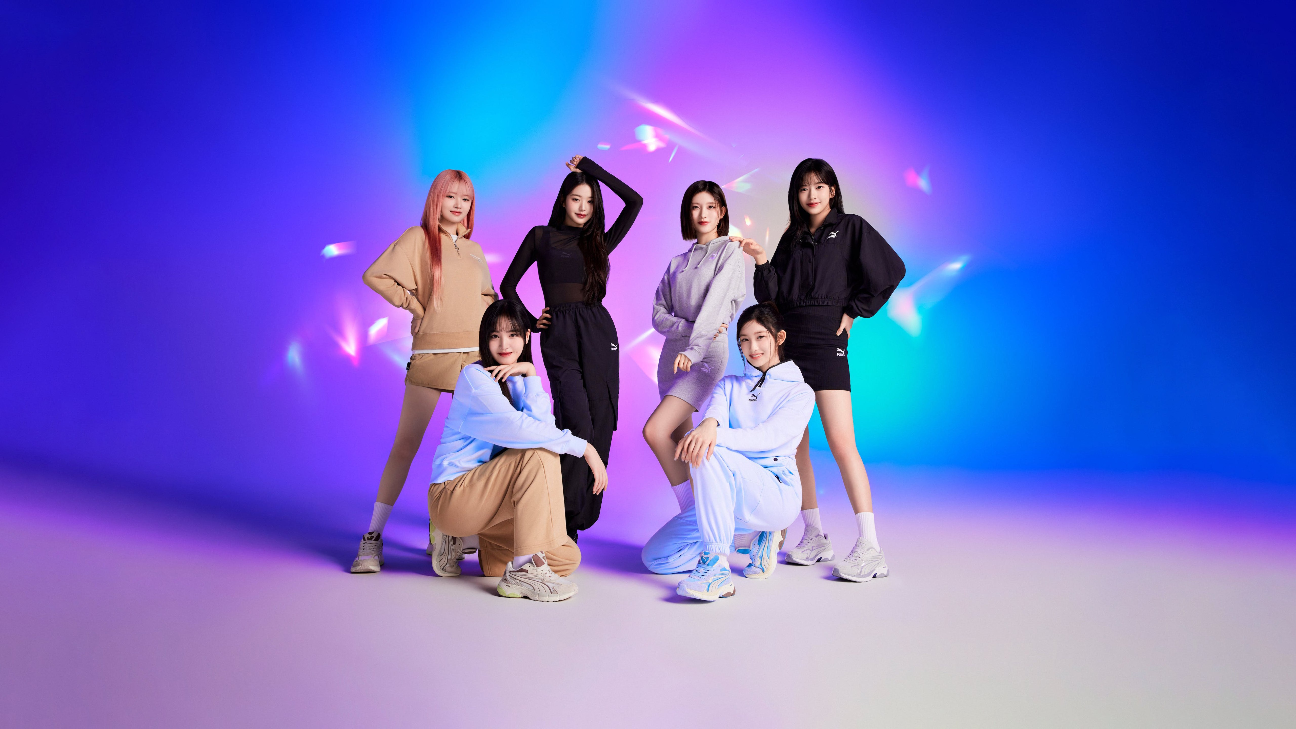 IVE (K-pop), Campanha Puma, An Yujin, Gaeul, Rei (IVE), Jang Wonyoung, Liz (IVE), Leeseo, Fundo colorido, Vibrante, 5K