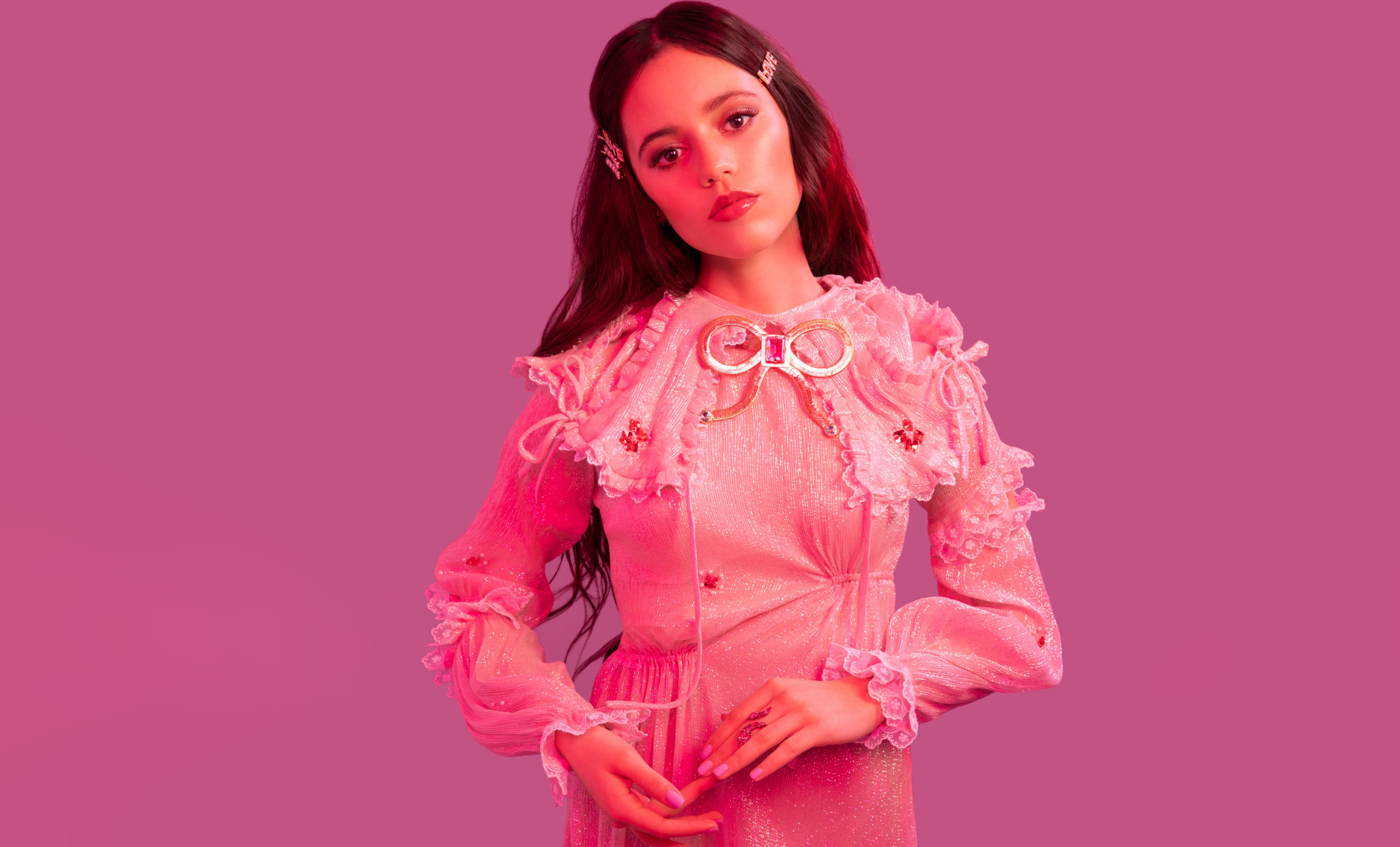 Jenna Ortega, Rosa, Atriz americana, Fundo rosa, 5K