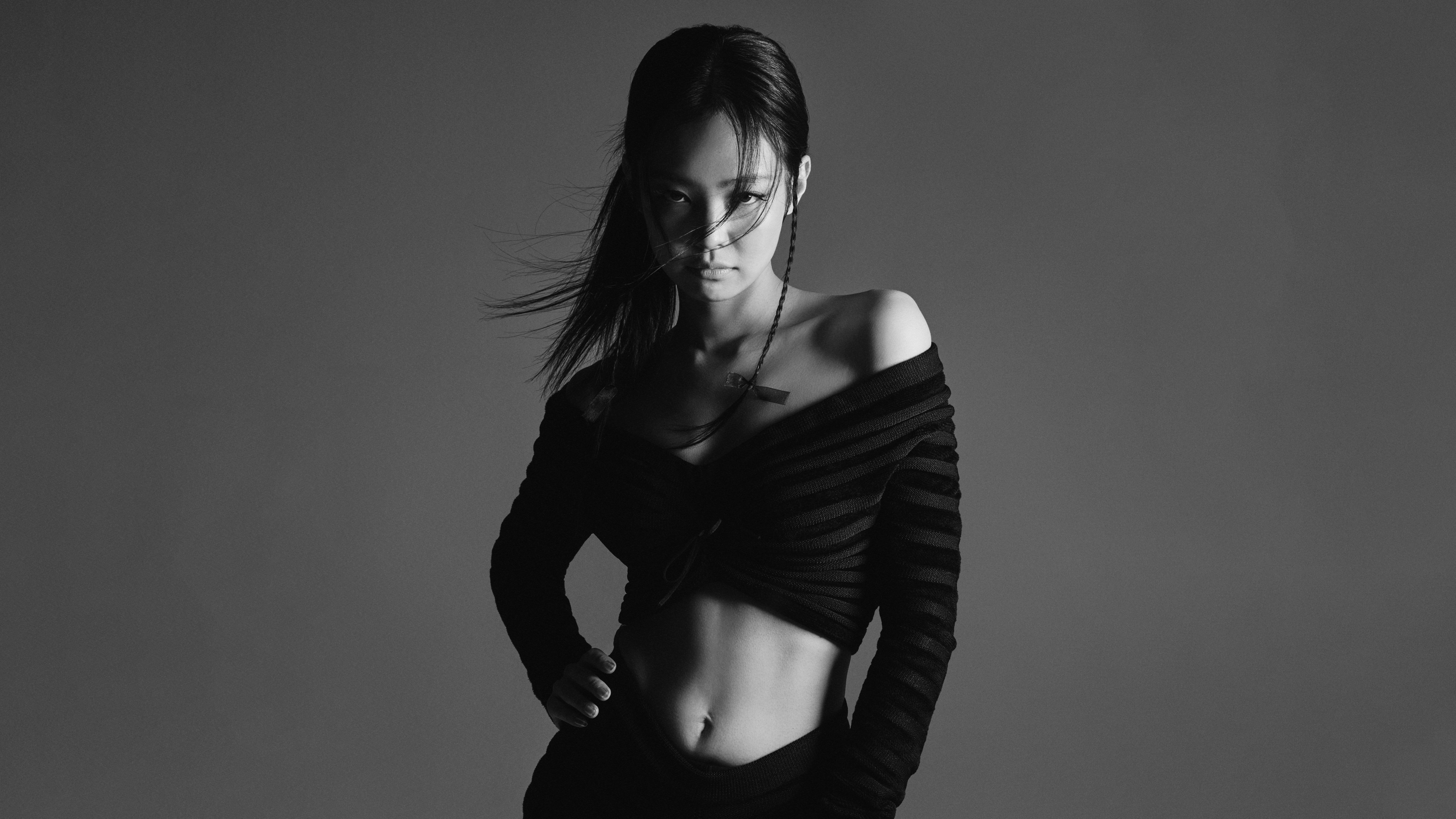 Jennie, Estética escura, Monocromático, Preto e branco, Ensaio fotográfico, 5K, Cantora sul-coreana, Elle Magazine, 8K