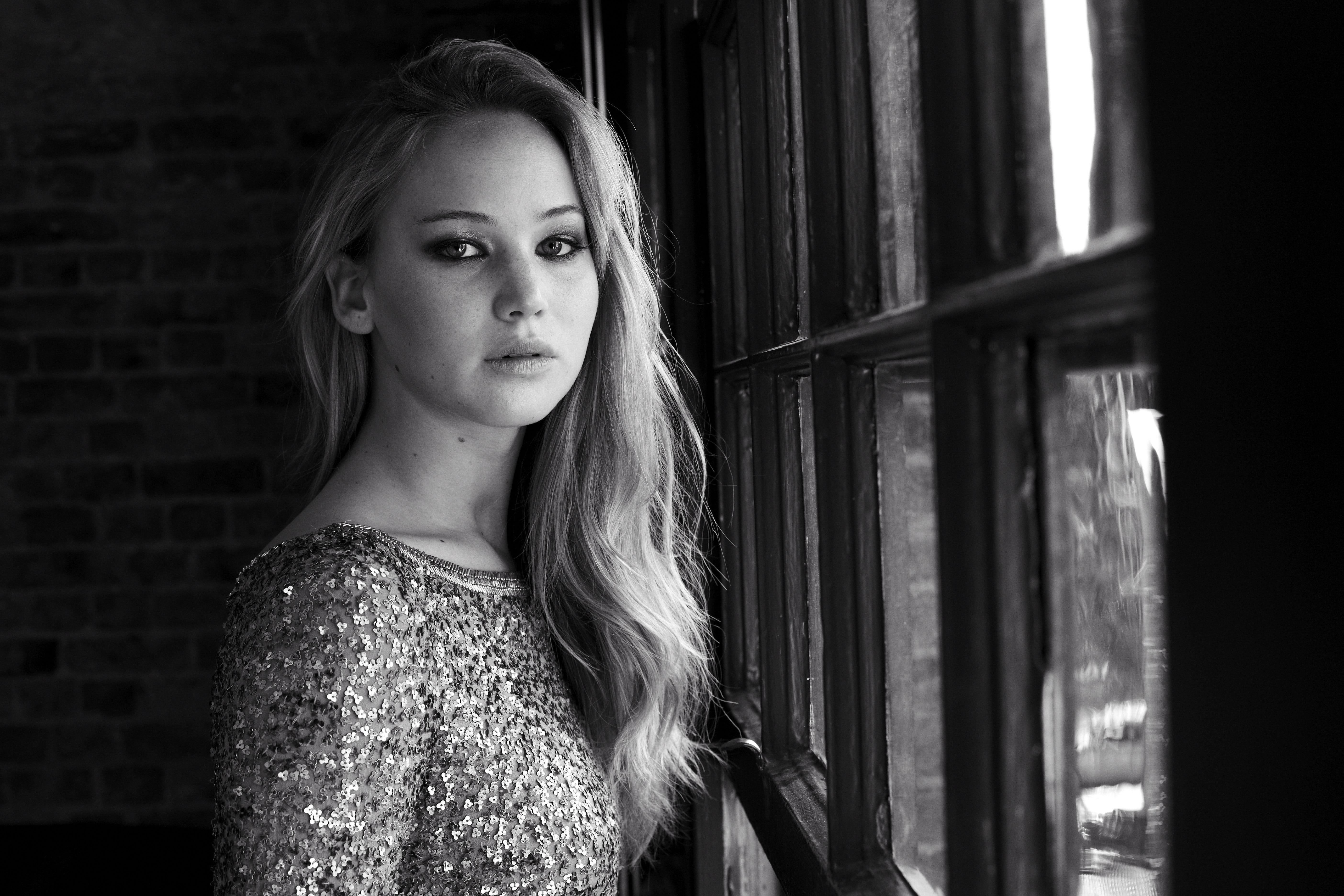 Jennifer Lawrence, 5K, Monocromático, Atriz americana, Preto e branco