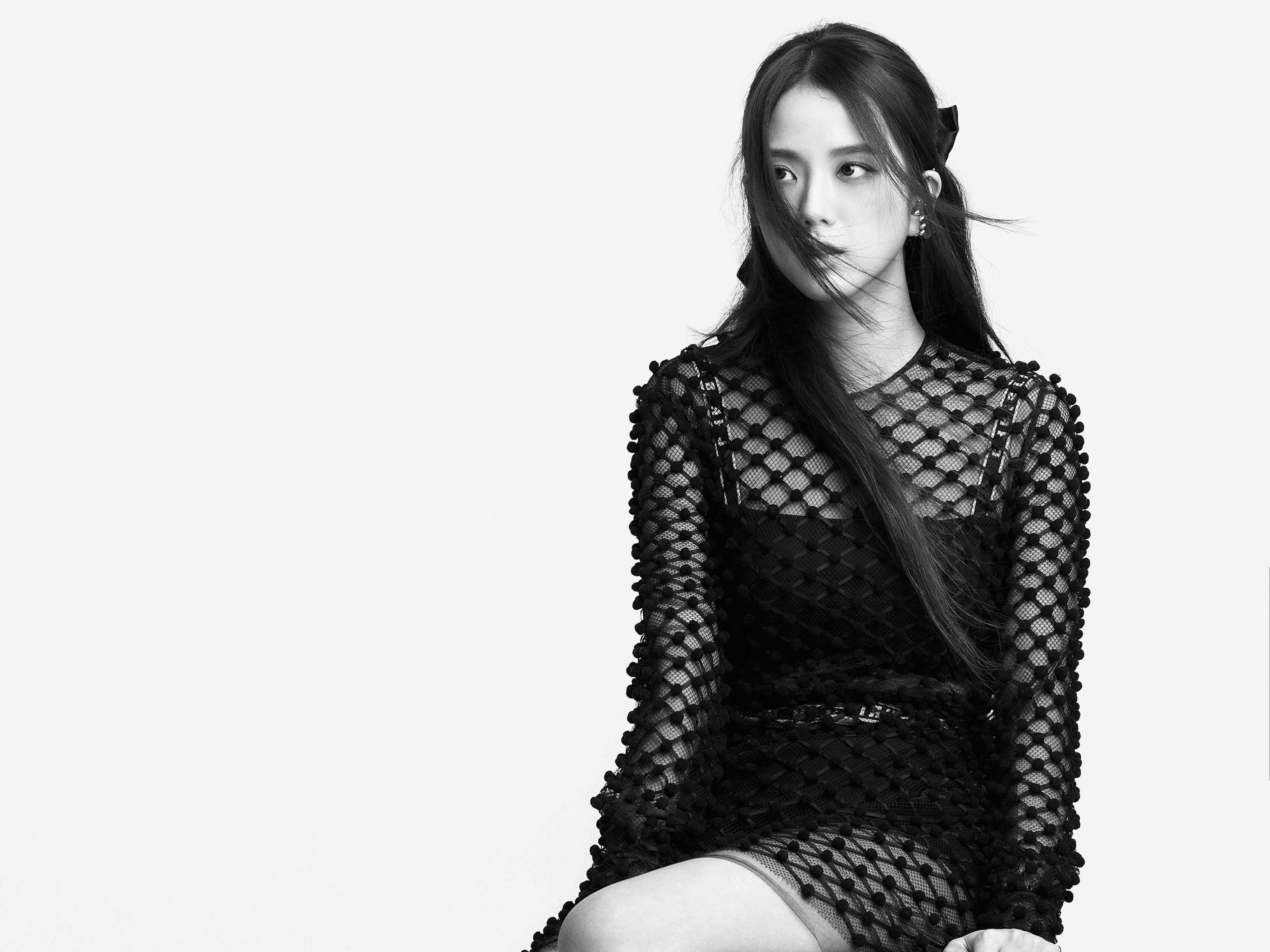 Jisoo, Monocromático, Blackpink, Cantora de K-Pop, Fundo branco, Retrato, Preto e branco