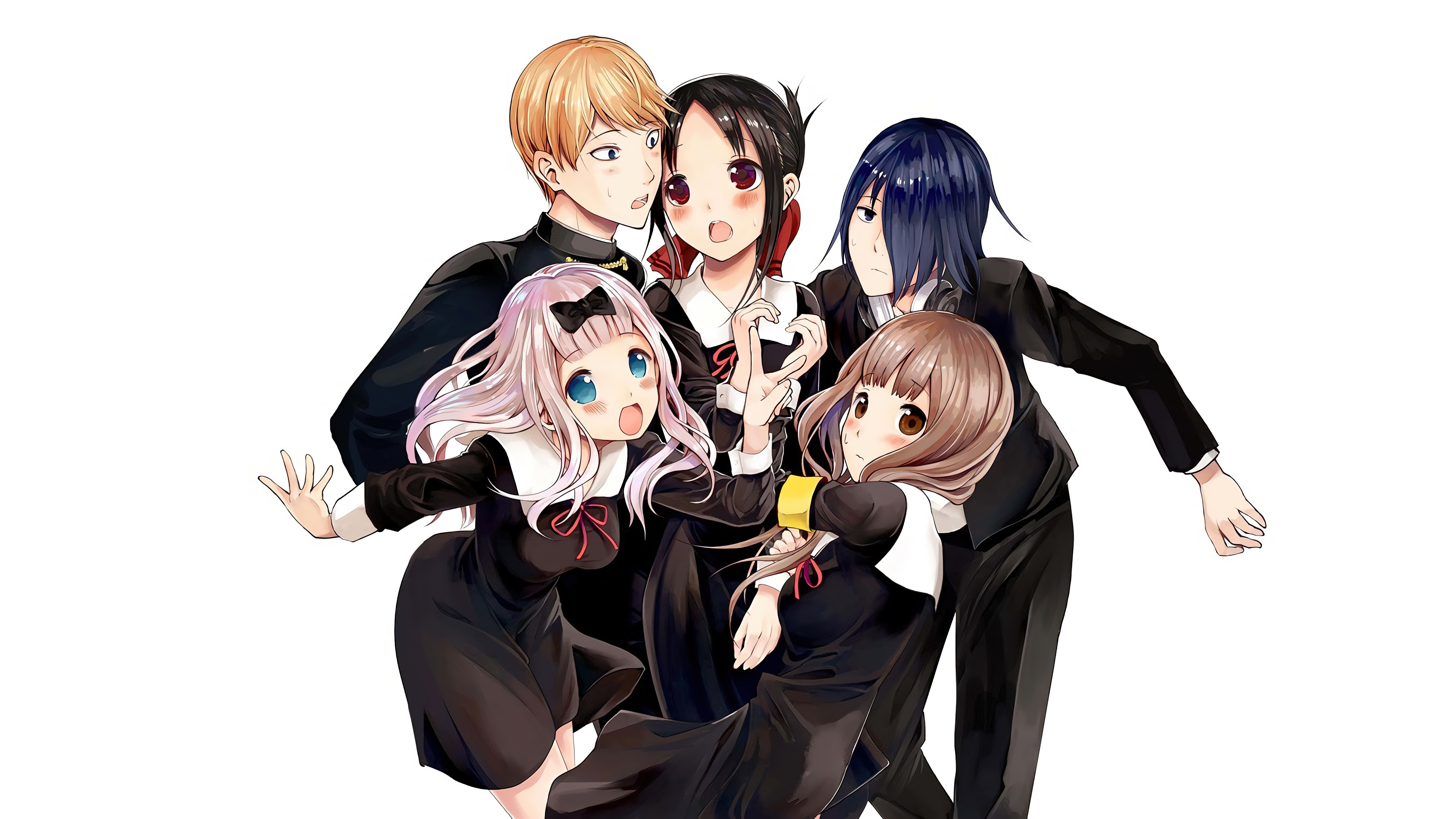 Kaguya-sama: Love is War, Fundo branco, Chika Fujiwara, Miyuki Shirogane, Yuu Ishigami, Kaguya Shinomiya, 5K