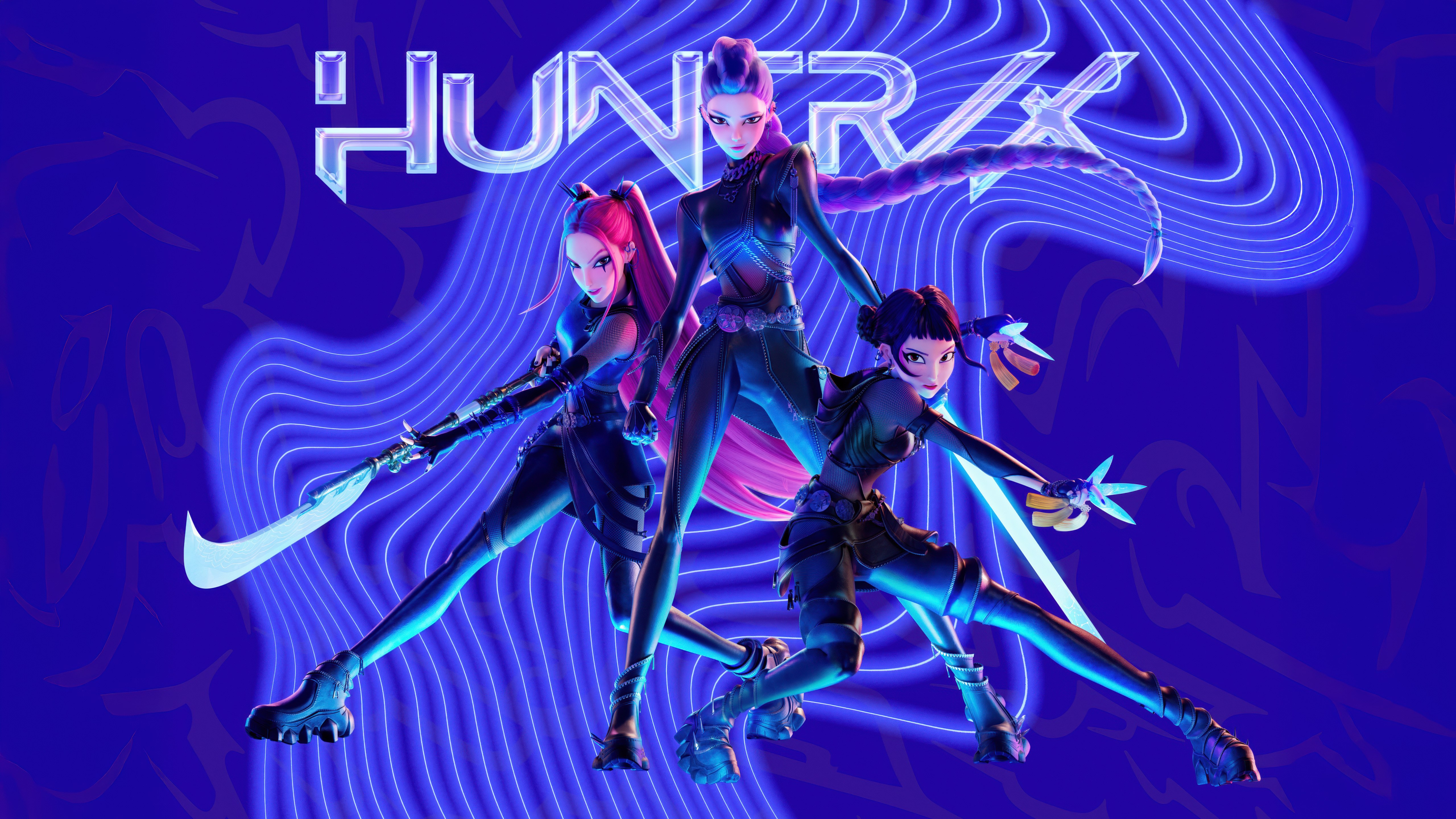 KPop Demon Hunters, Estética azul, 5K, Mira (Huntrix), Rumi (Huntrix), Zoey (Huntrix)