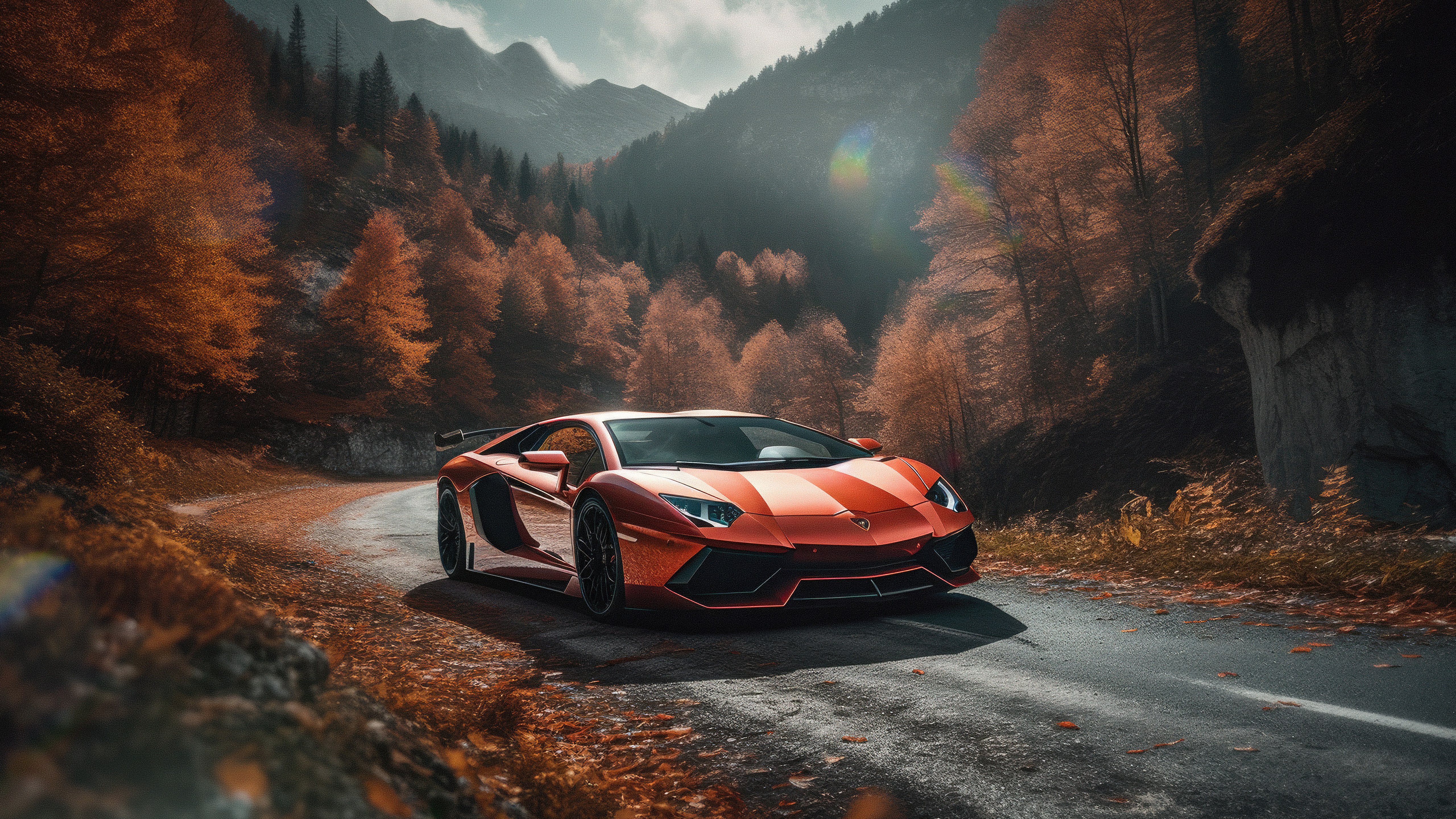 Lamborghini Aventador, Fundo de outono, Estrada, Estética laranja, 5K, Cenário de outono, Arte de IA