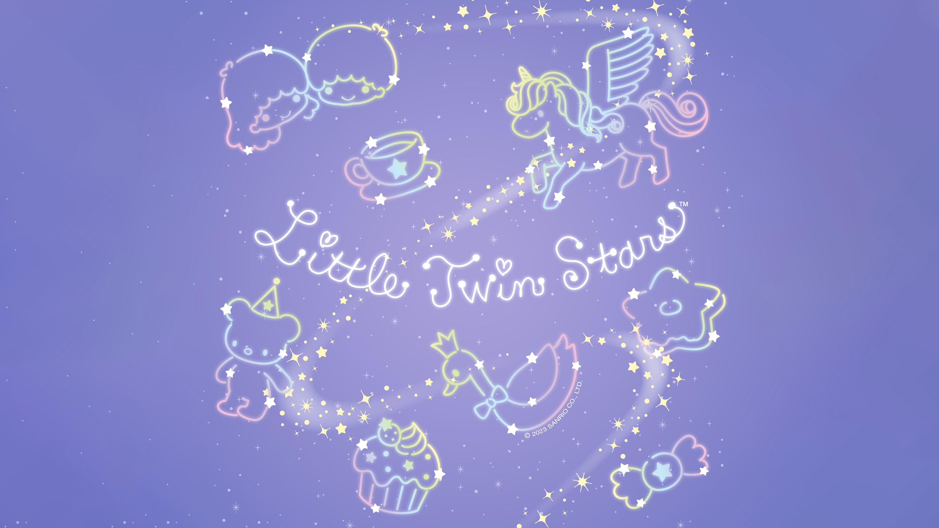 Little Twin Stars, Azul pastel, Kiki and Lala, Desenho animado, Sanrio, Fundo azul, Unicórnio