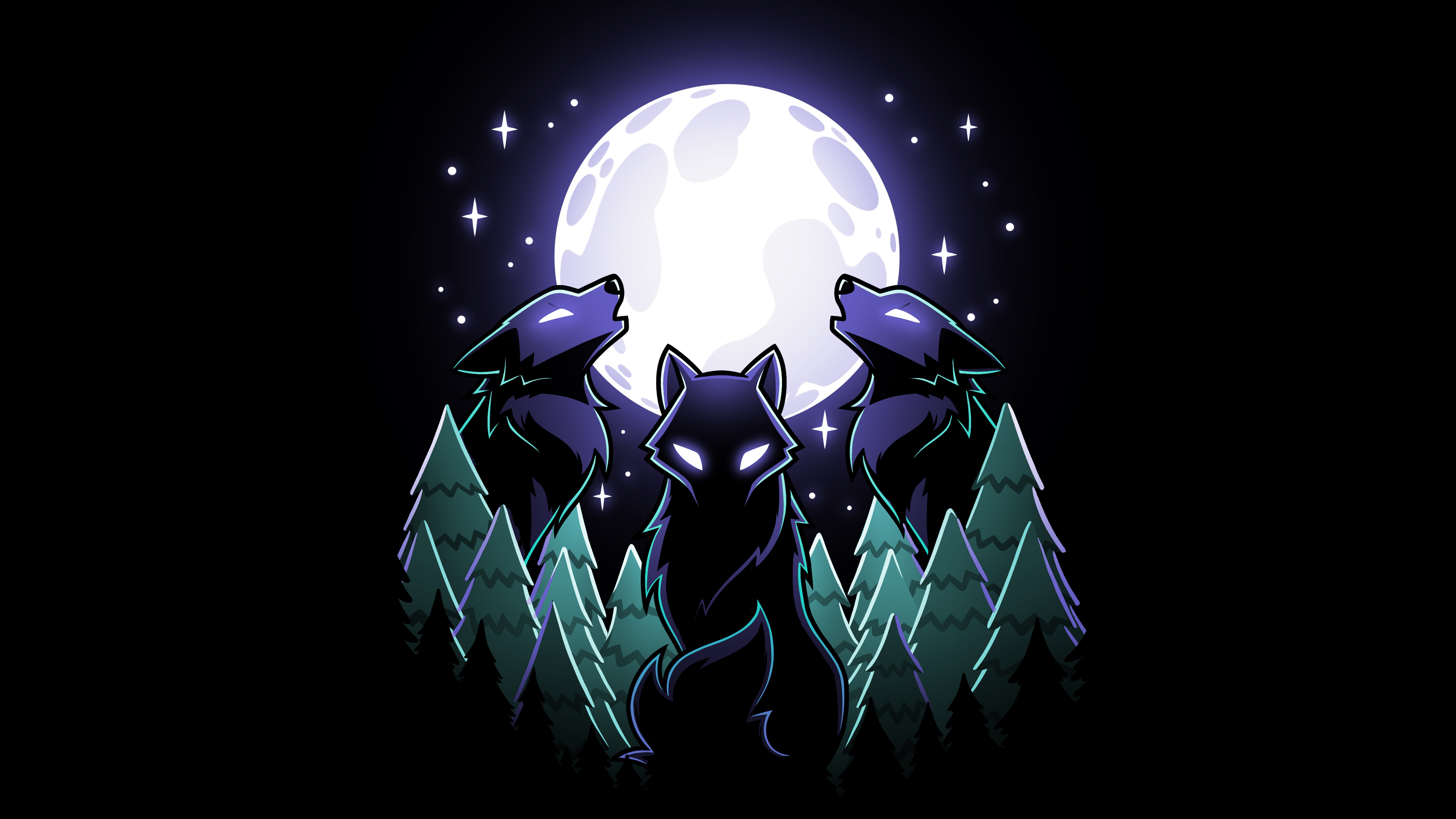 Lobos, Lua cheia, Noite, Lobo uivando, 5K, 8K, Fundo preto