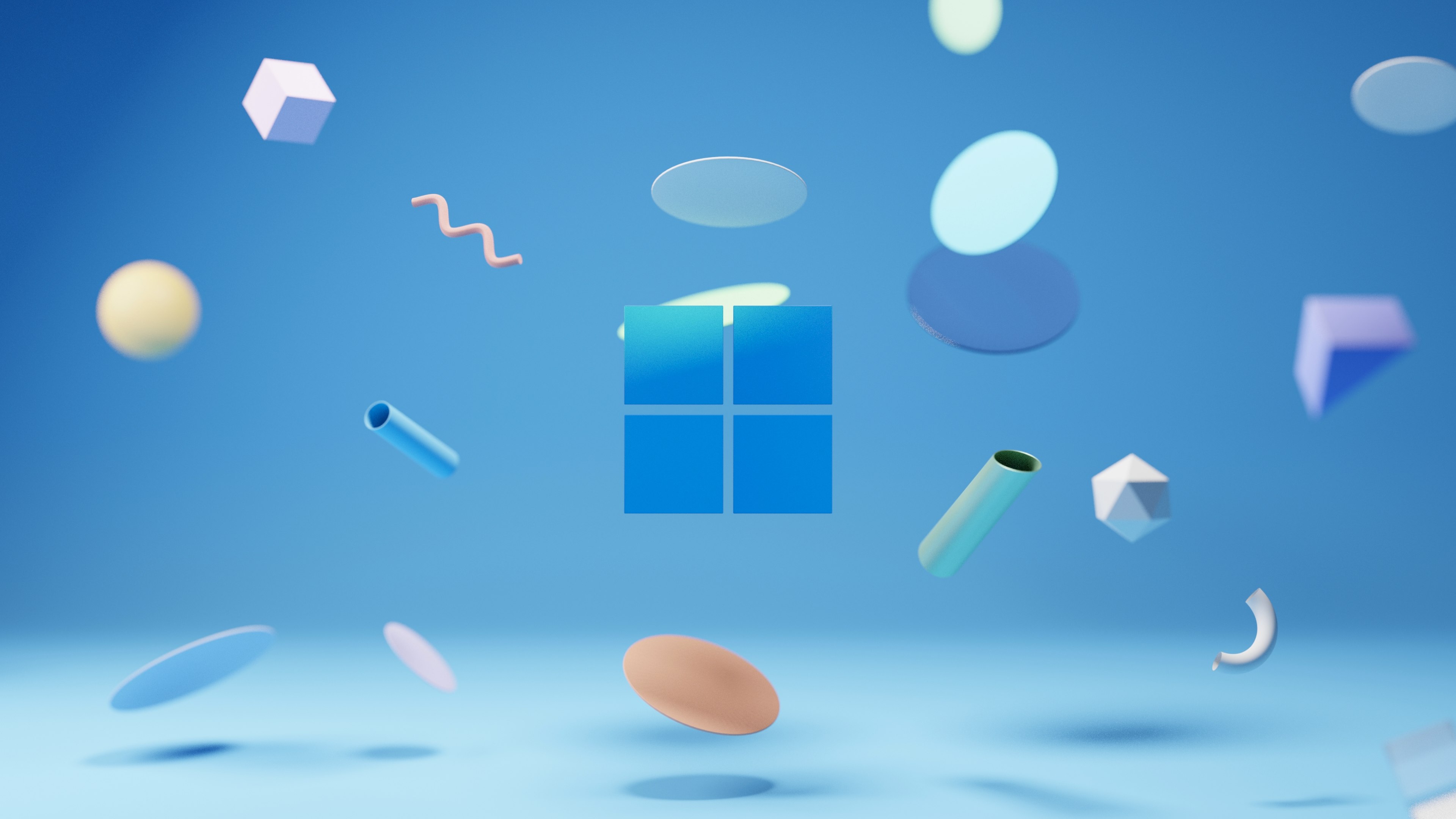 Logo do Windows, Fundo azul, Windows 11, Objetos flutuantes, Formas