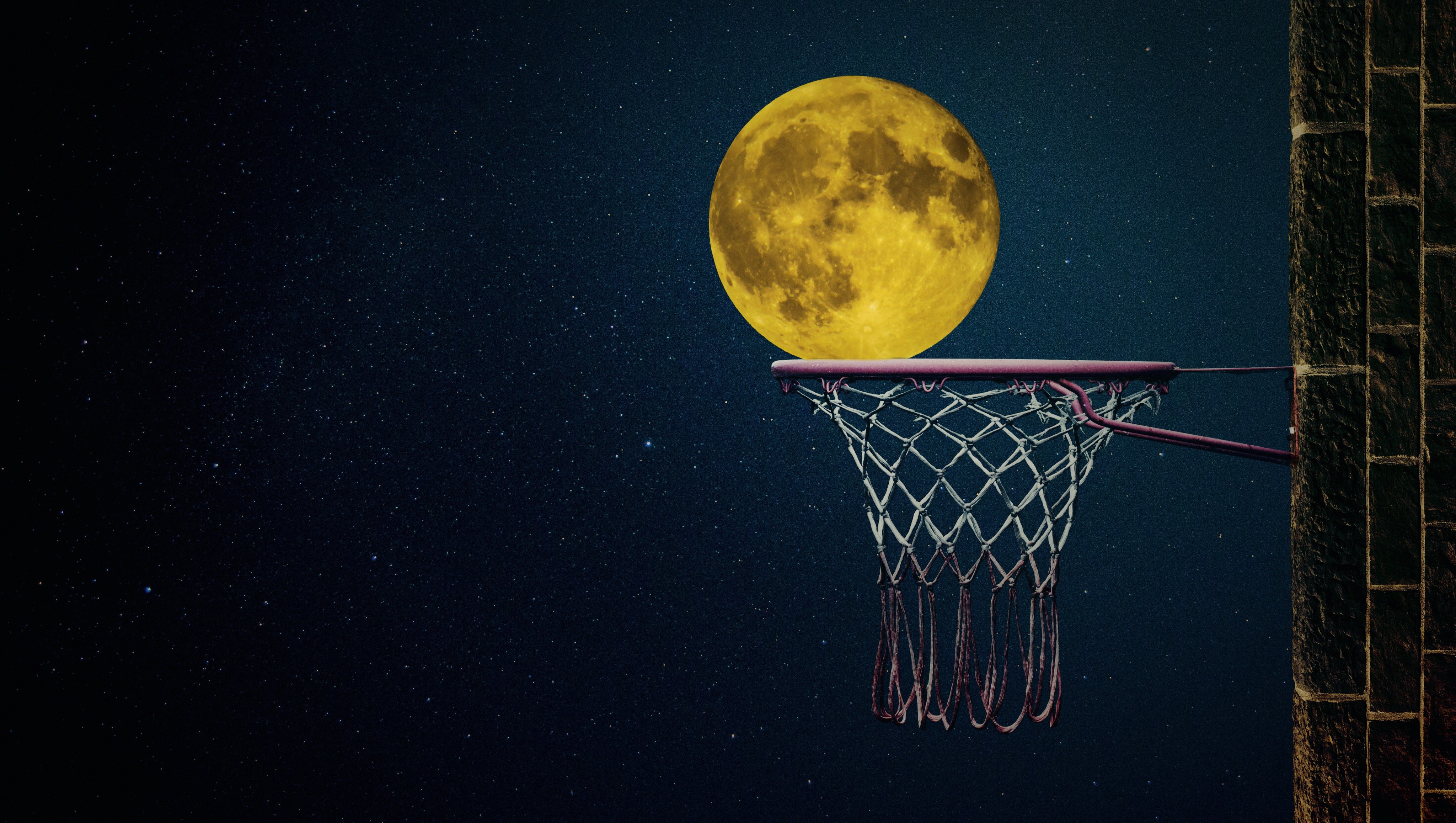 Lua cheia, Aro de basquete, Céu noturno, Ilustração, Fundo escuro, Estrelas