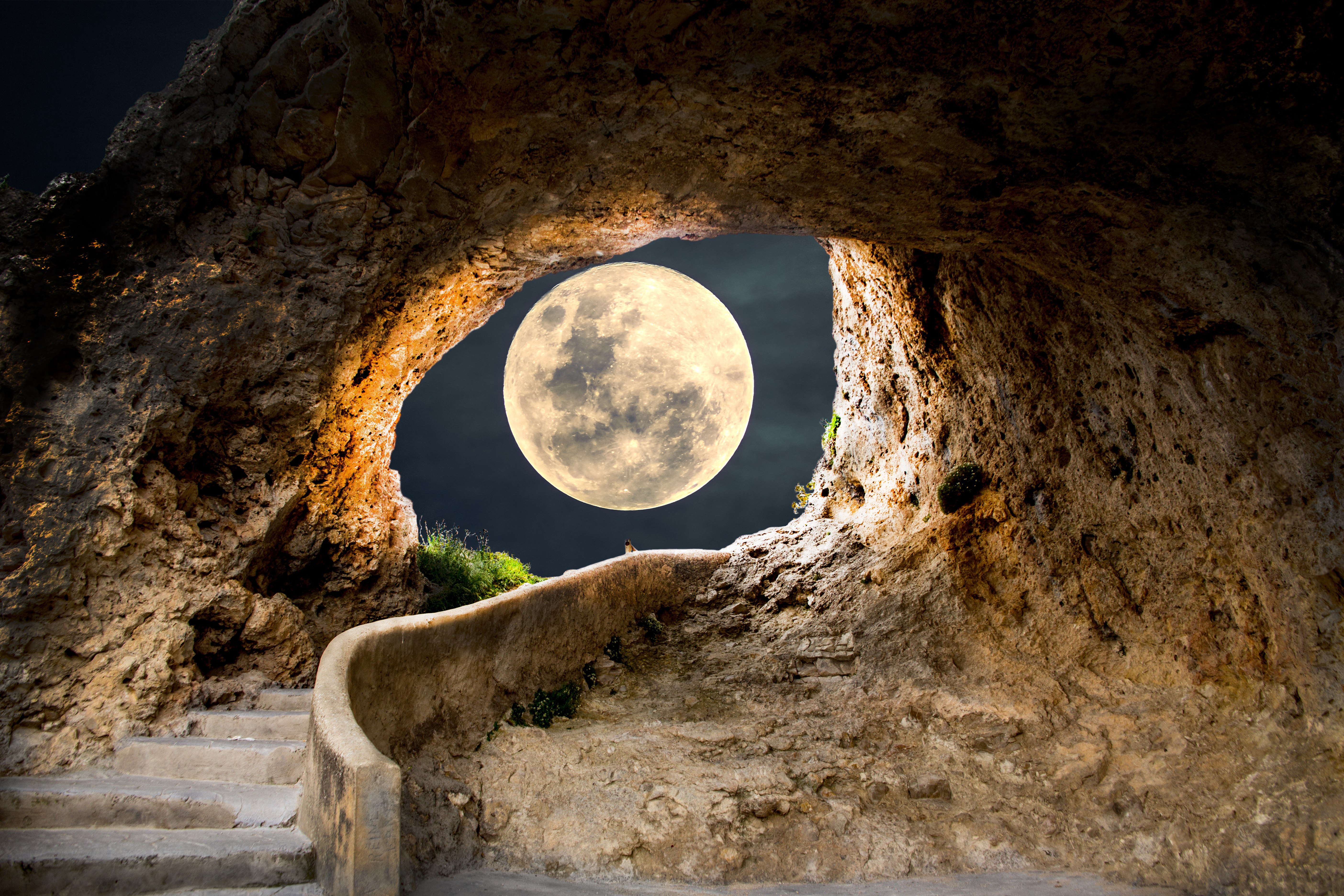 Lua cheia, Caverna, Degraus, Caminho, Túnel, Paisagem, Escadas, 5K