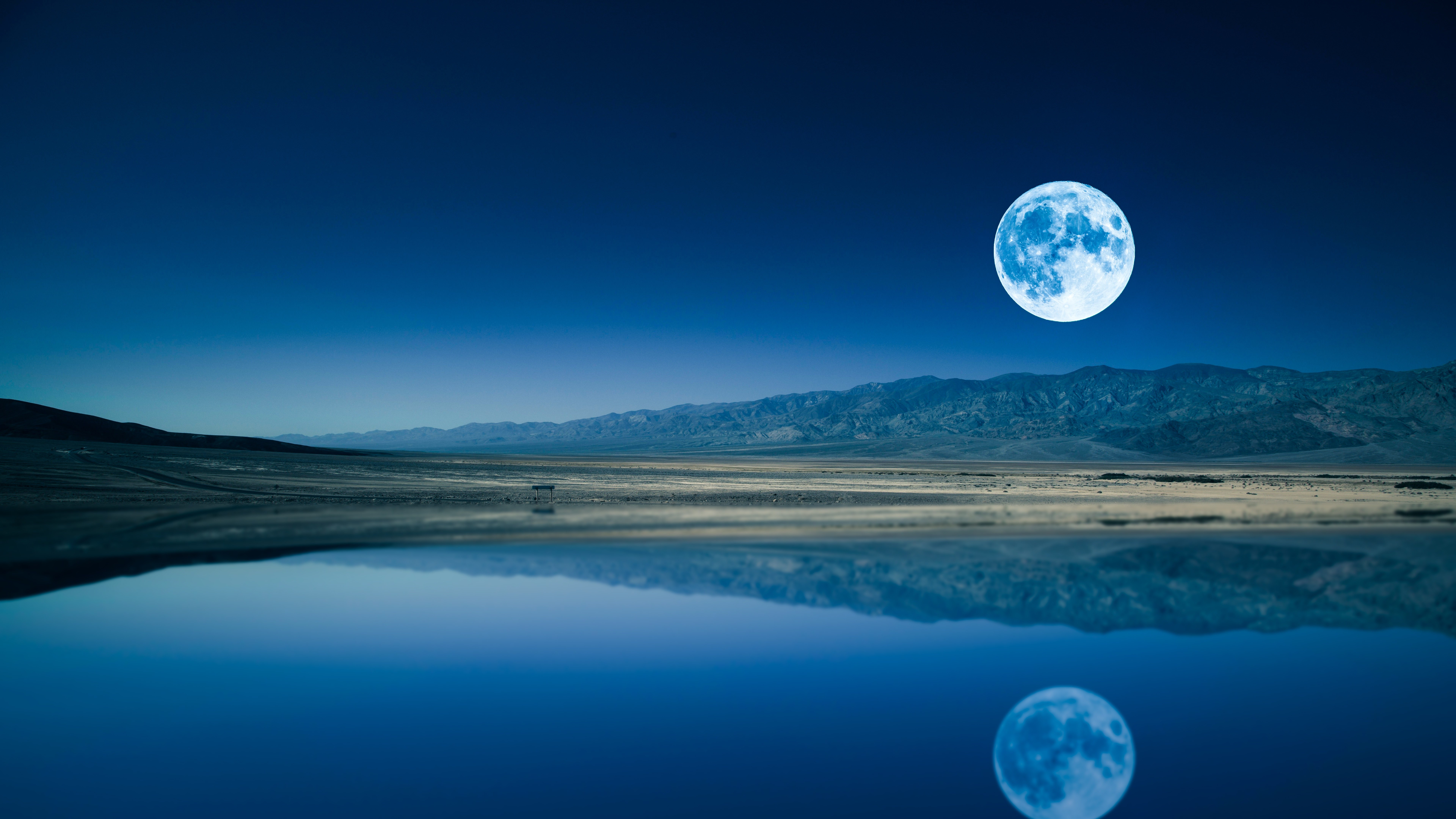 Lua cheia, Noite, Lago, Corpo d'água, Reflexo, Paisagem, Cenário, Pôr do sol, Crepúsculo, Céu limpo, 5K, 8K