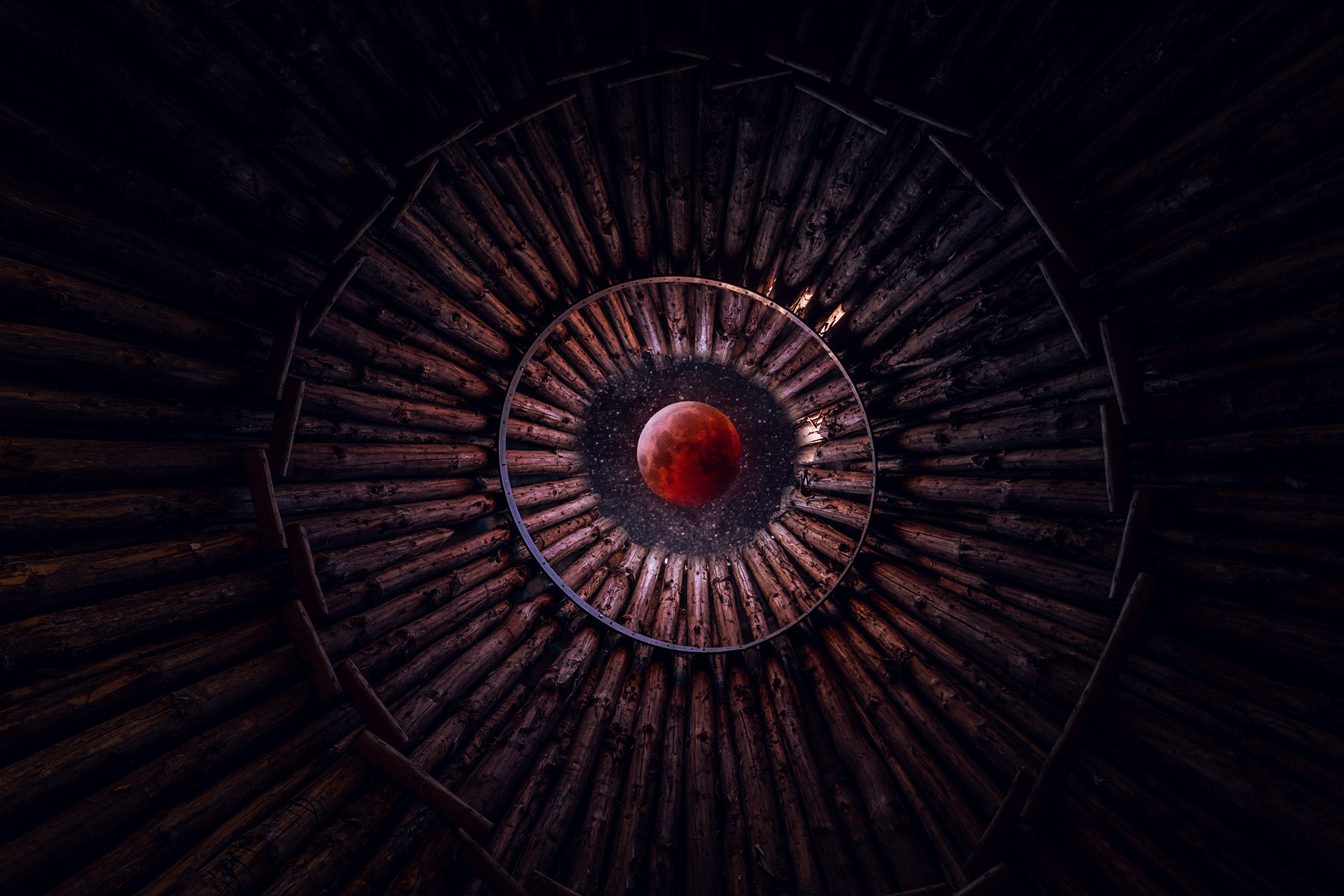 Lua de sangue, Olhando para o céu, Estrelas, Circular, Padrão, Madeira, Photoshop, 5K