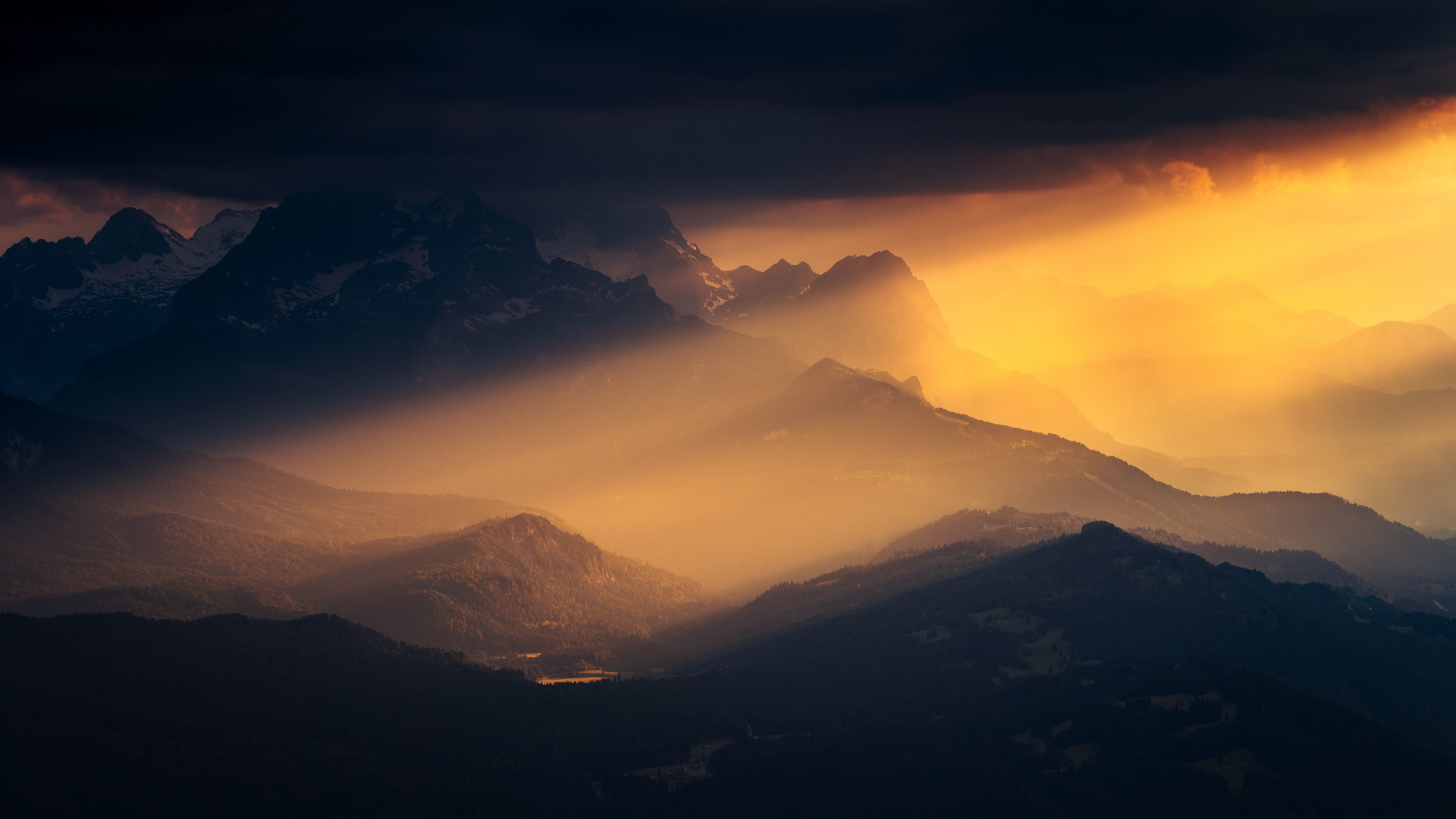 Luz do sol, Alpes da Baviera, Alemanha, 5K, Paisagem, Nublado