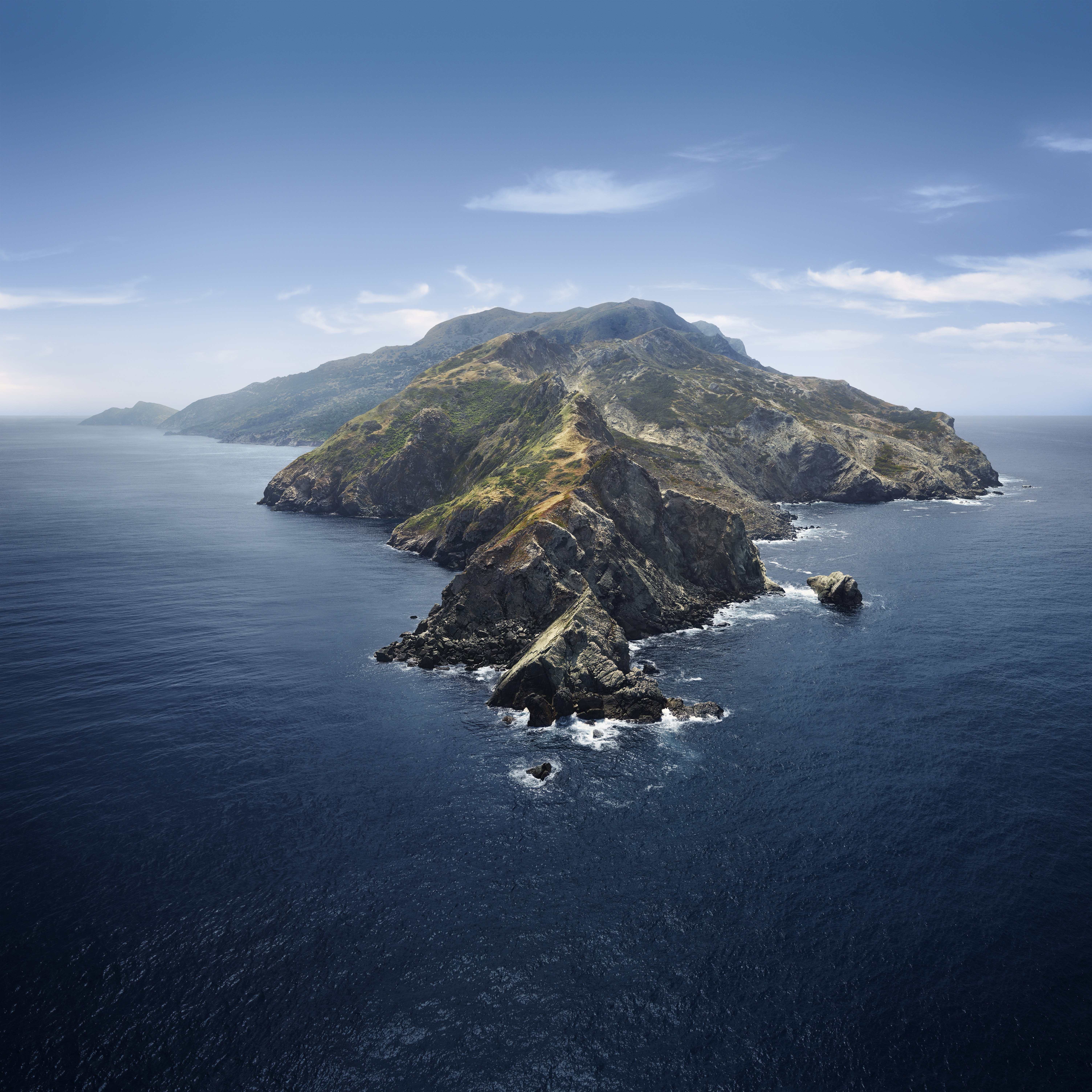 macOS Catalina, Manhã, Montanhas, Ilha, Nebuloso, Stock, 5K