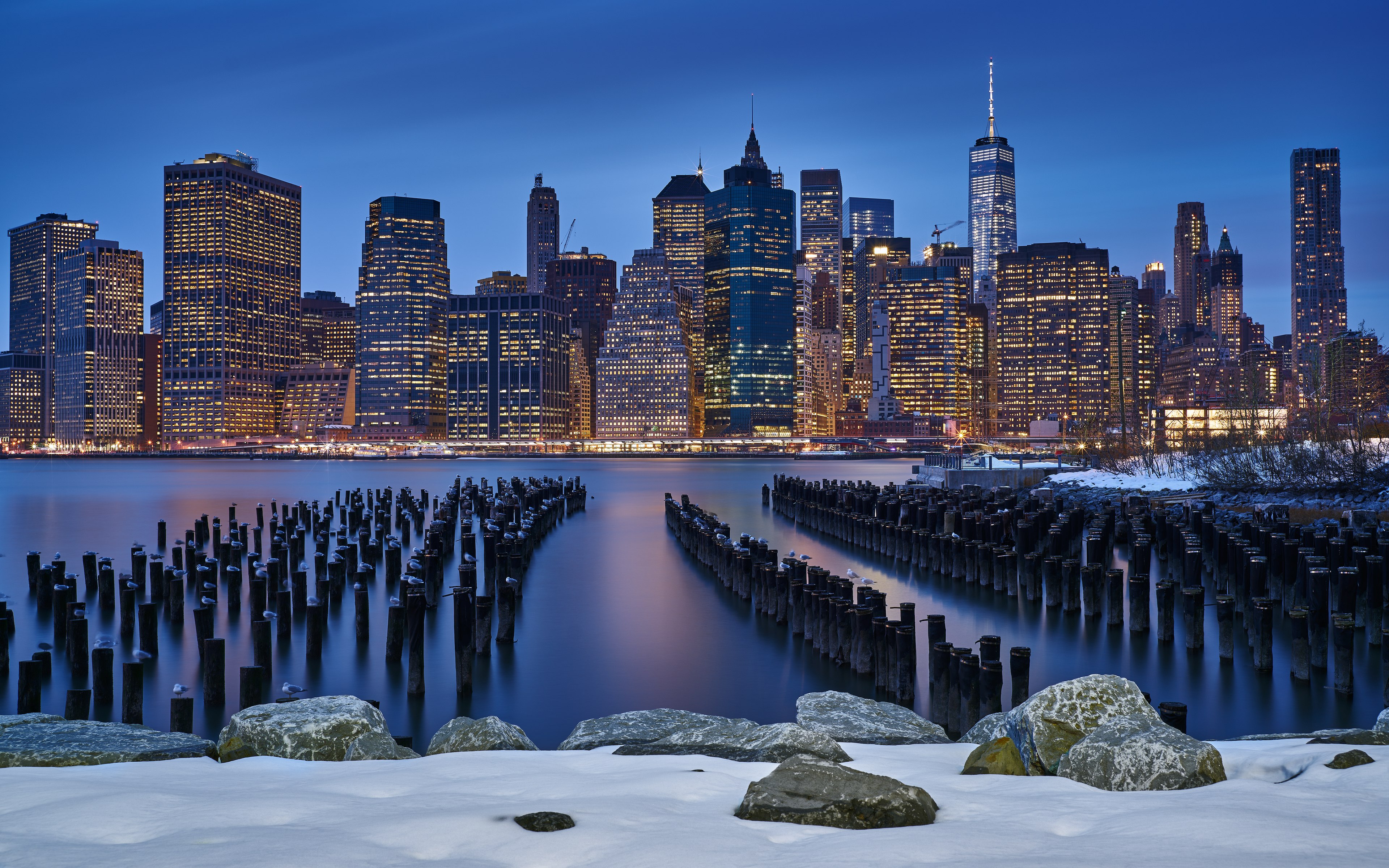 Manhattan, Nova York, Luzes da cidade, Paisagem urbana, Nevasca, Noite, Inverno