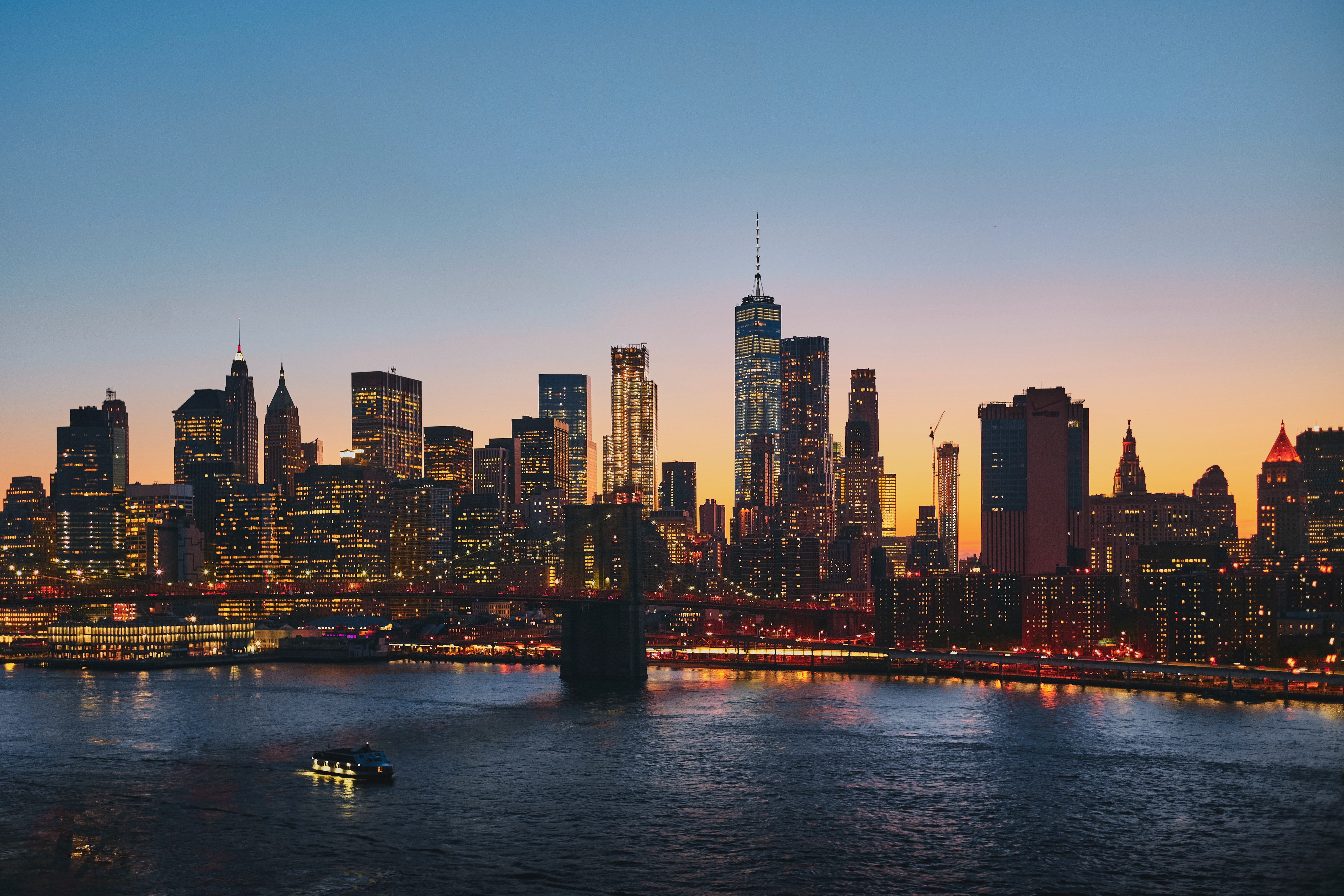Manhattan, 5K, Nova York, Manhattan Bridge, Paisagem urbana, Pôr do sol, Urbano, Anoitecer, Luzes da cidade