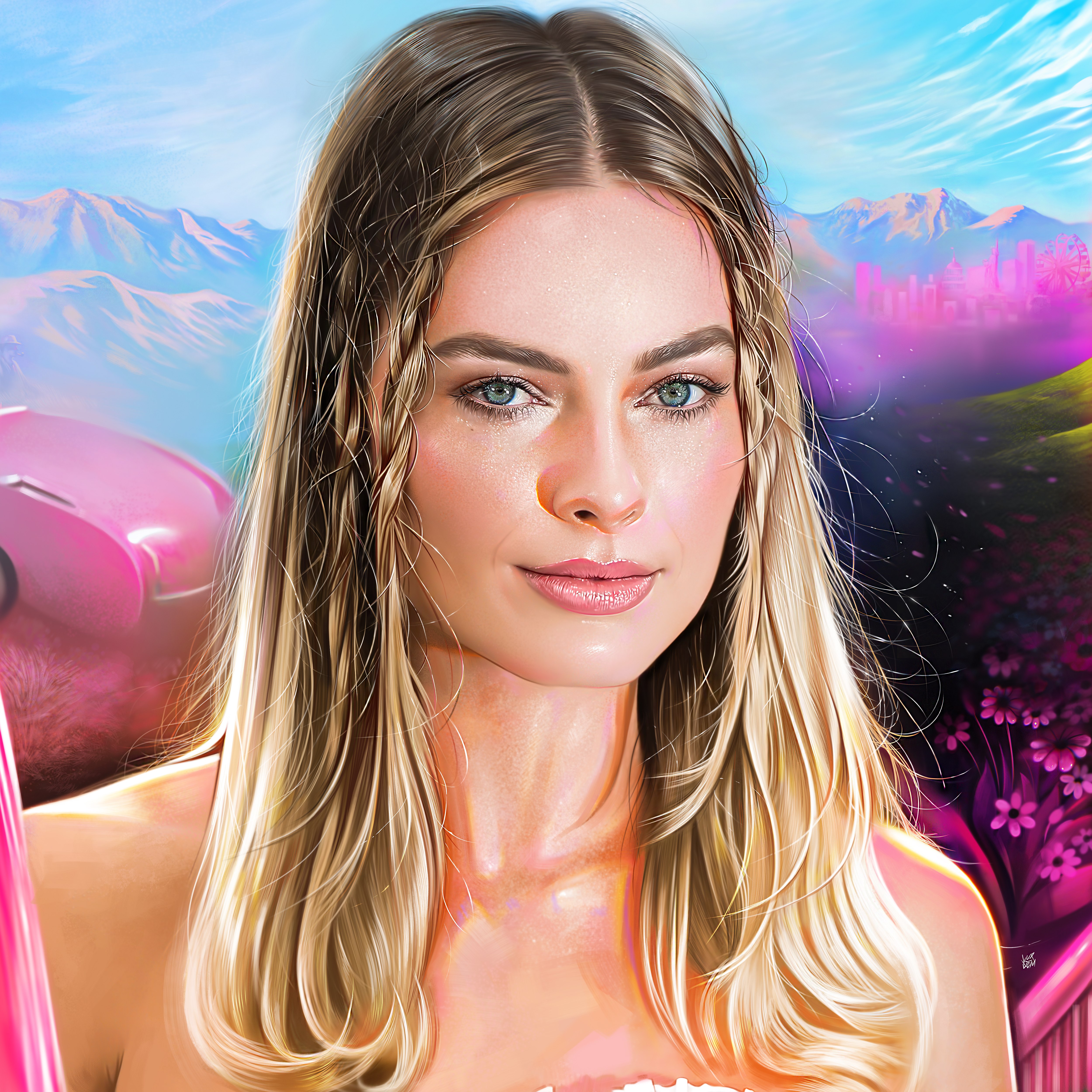 Margot Robbie, Arte digital, Retrato, Fundos girly, 5K