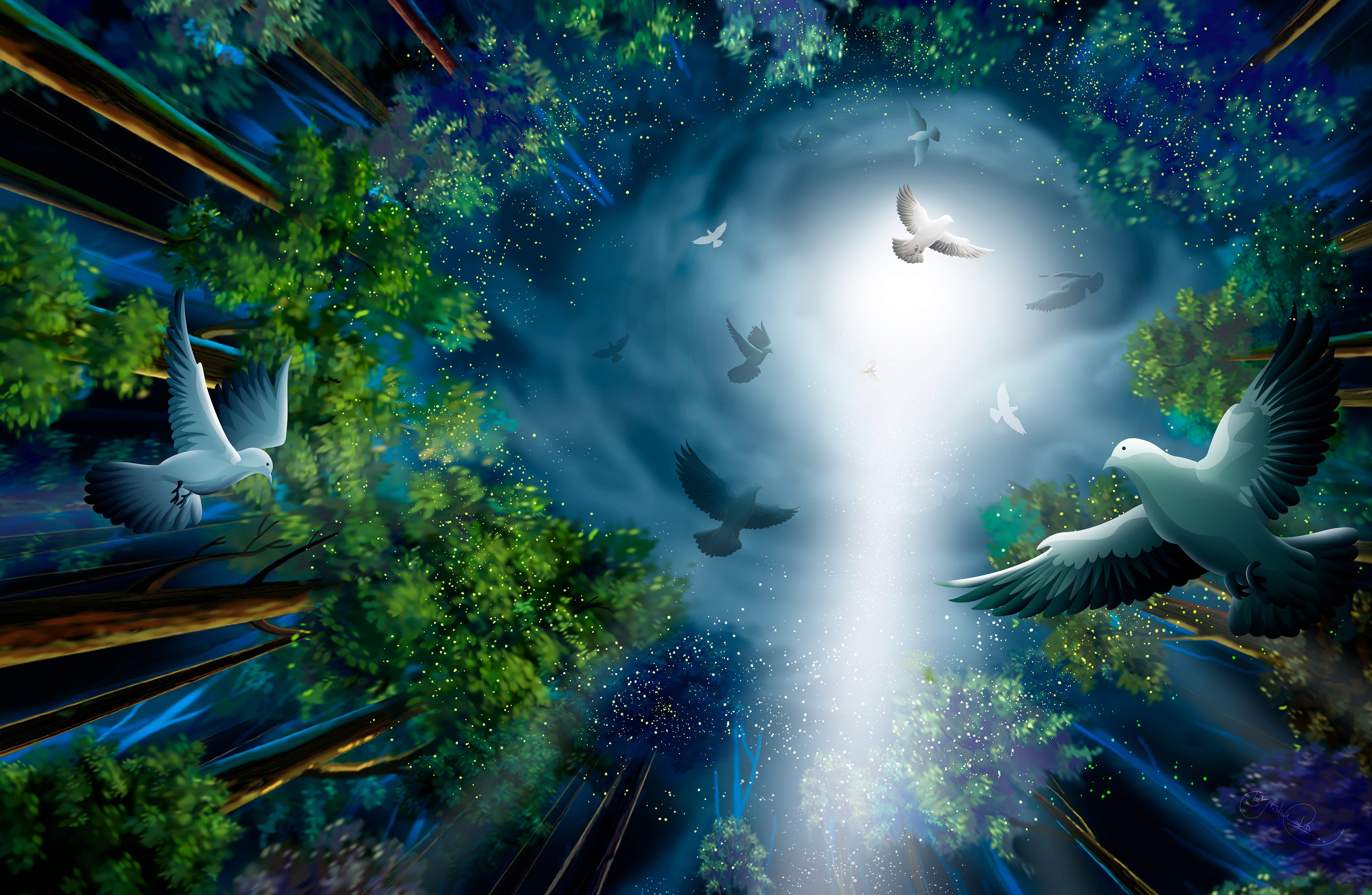 Meia-noite, Floresta, Pombos, Luz, Ilustração, Pintura