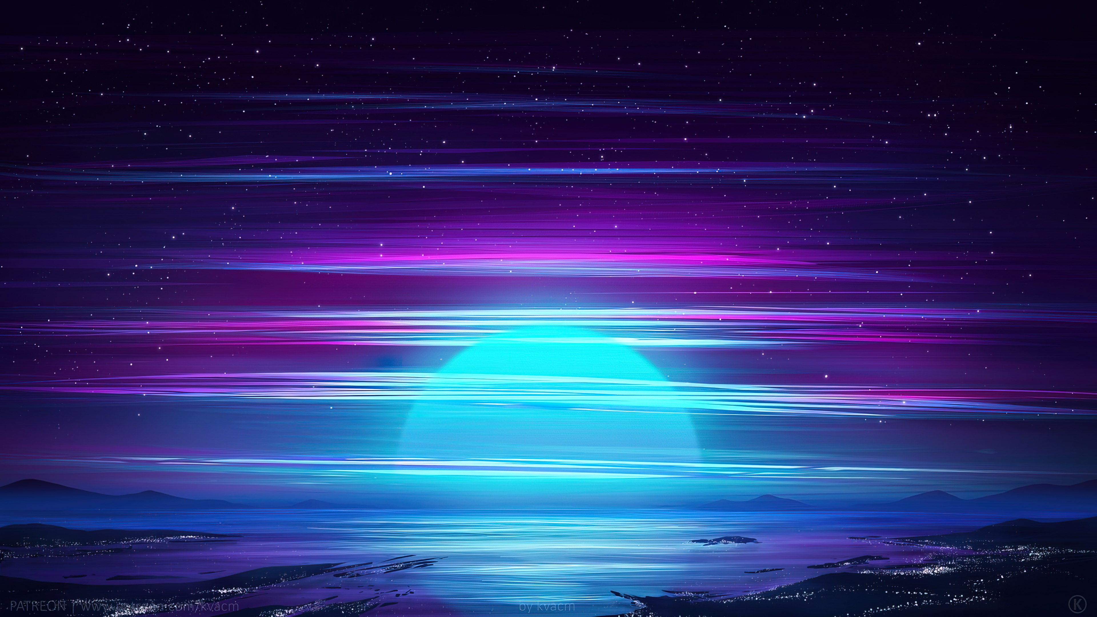 Meia-noite, Vaporwave, Surrealismo, Arte digital, Pôr do sol, Horizonte, Reflexo