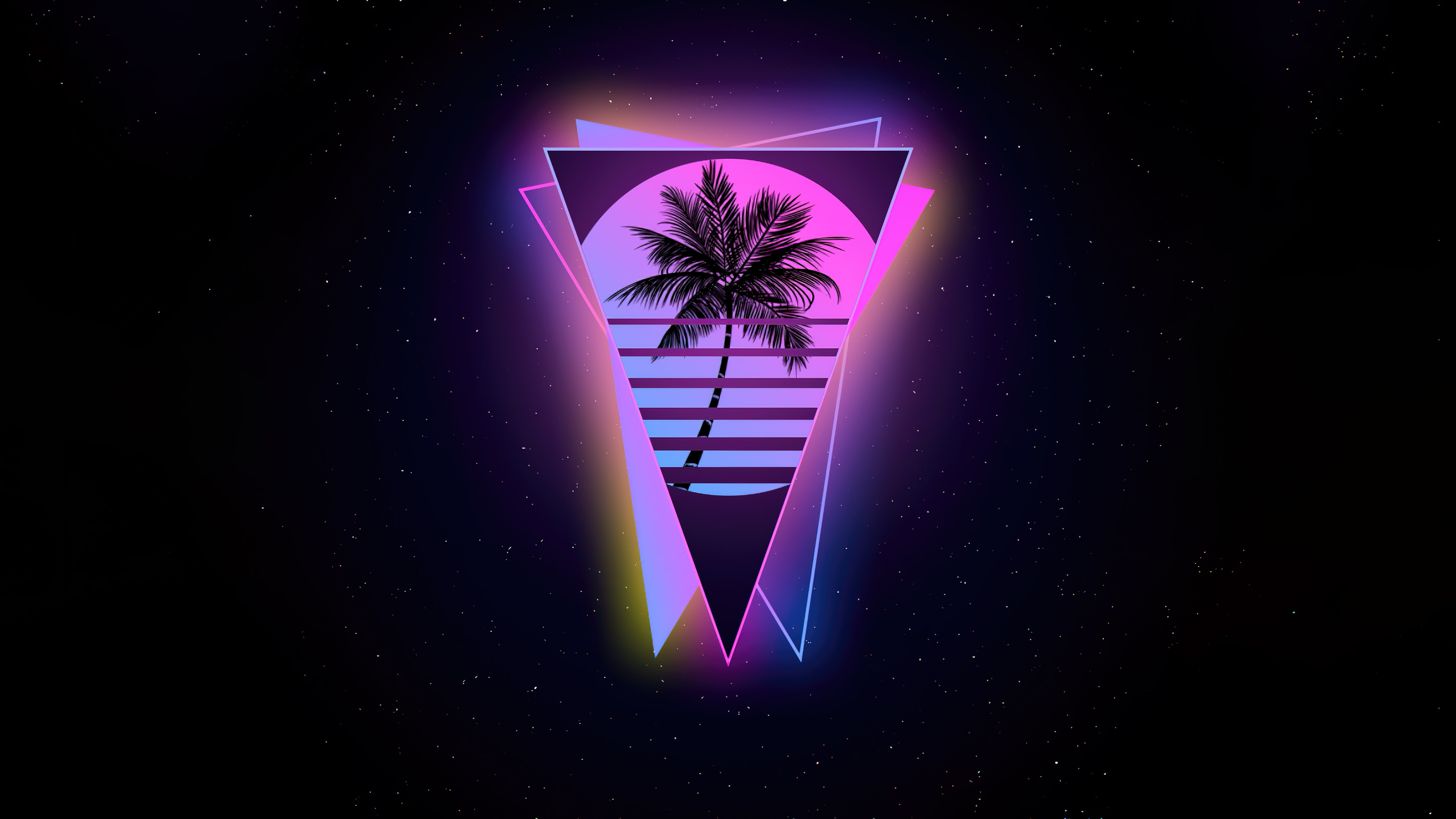 Miami, Outrun, Palmeira, AMOLED, Fundo preto, Brilho neon, Geométrico, Triângulos