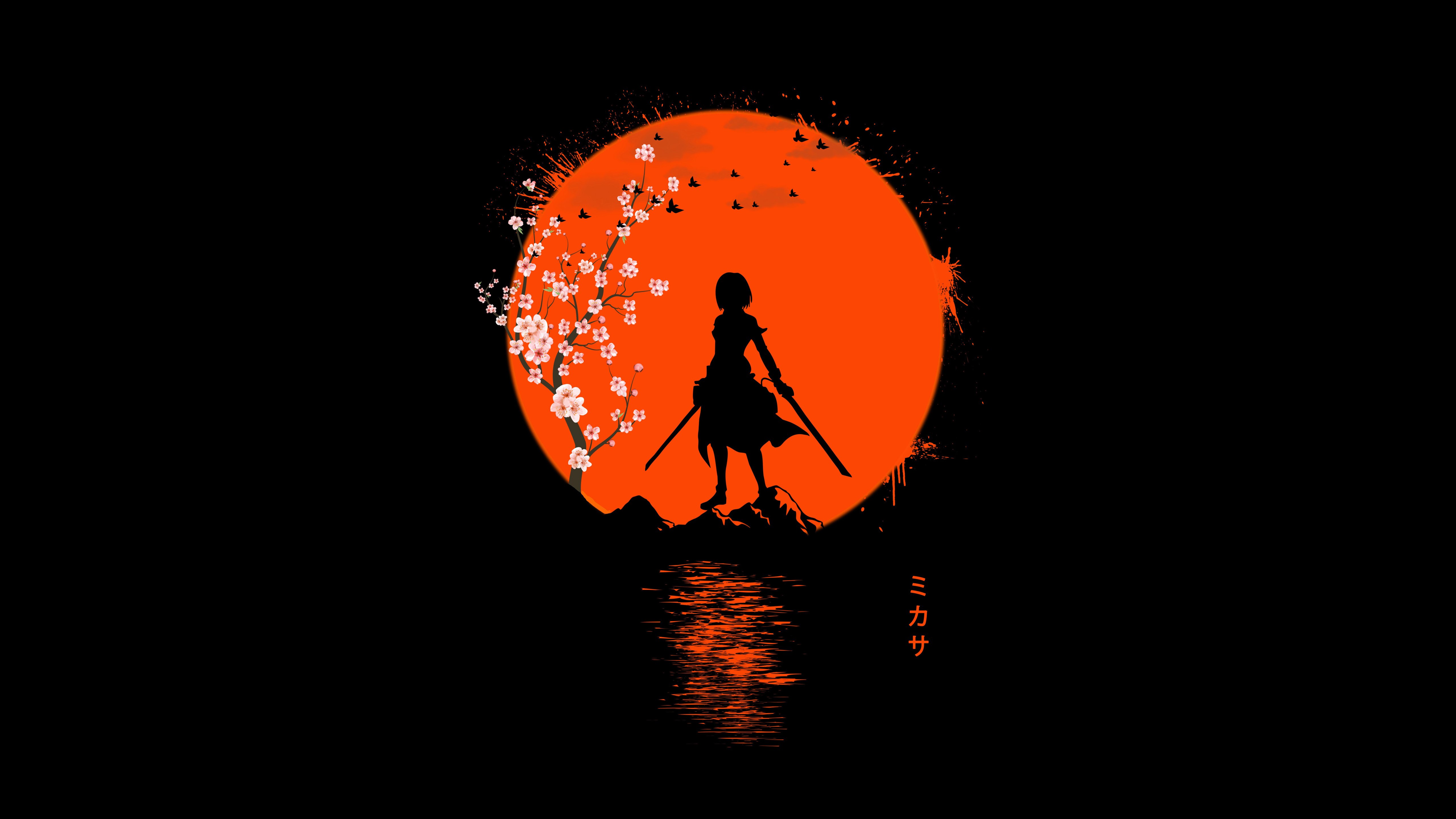 Mikasa Ackerman, AMOLED, Attack on Titan, Fundo preto, 5K