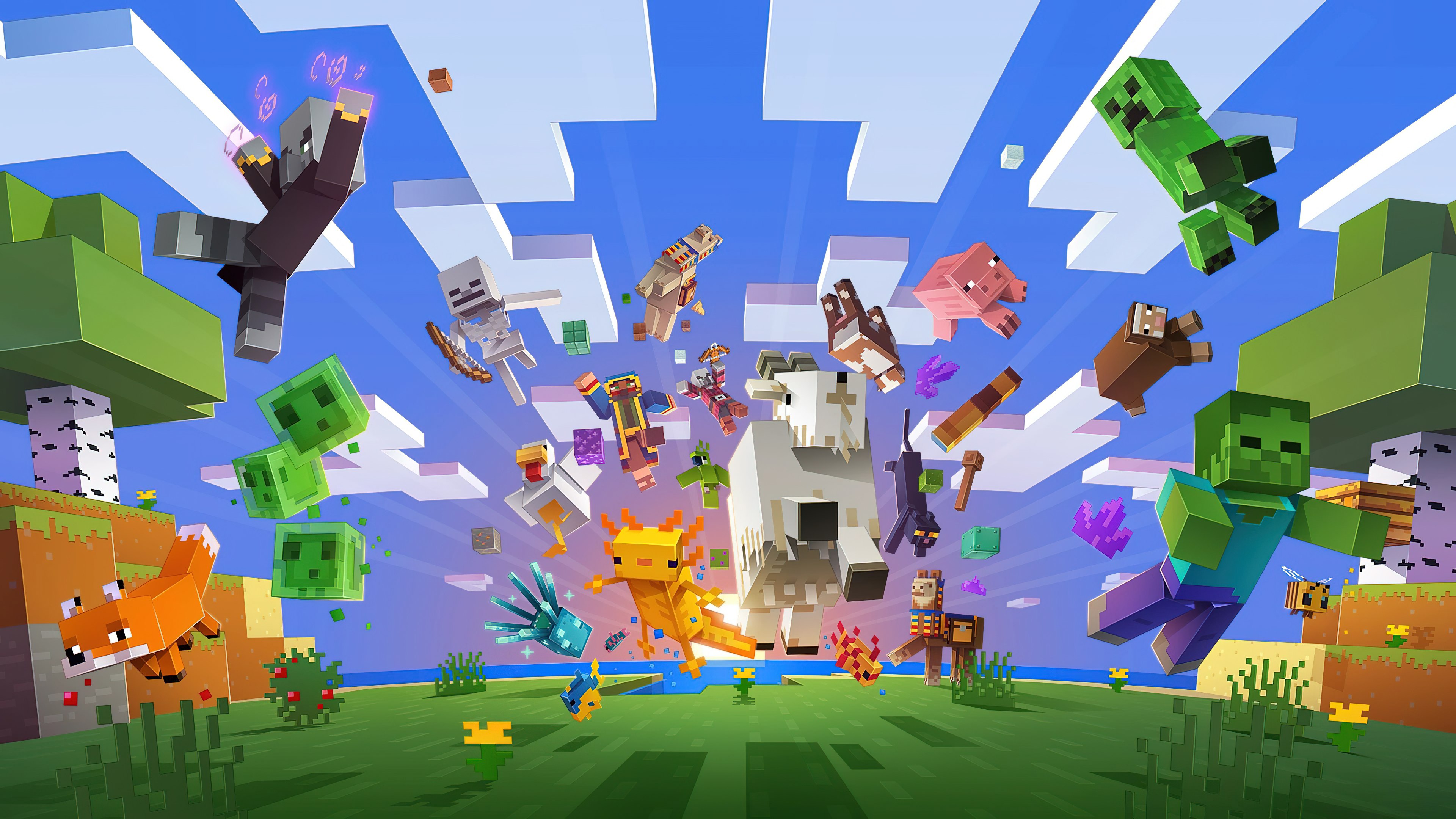 Minecraft, Pôster do jogo, Videogame, Pixel art, Alex (Minecraft), Steve (Minecraft), Wolf (Minecraft), Zombie Pigman