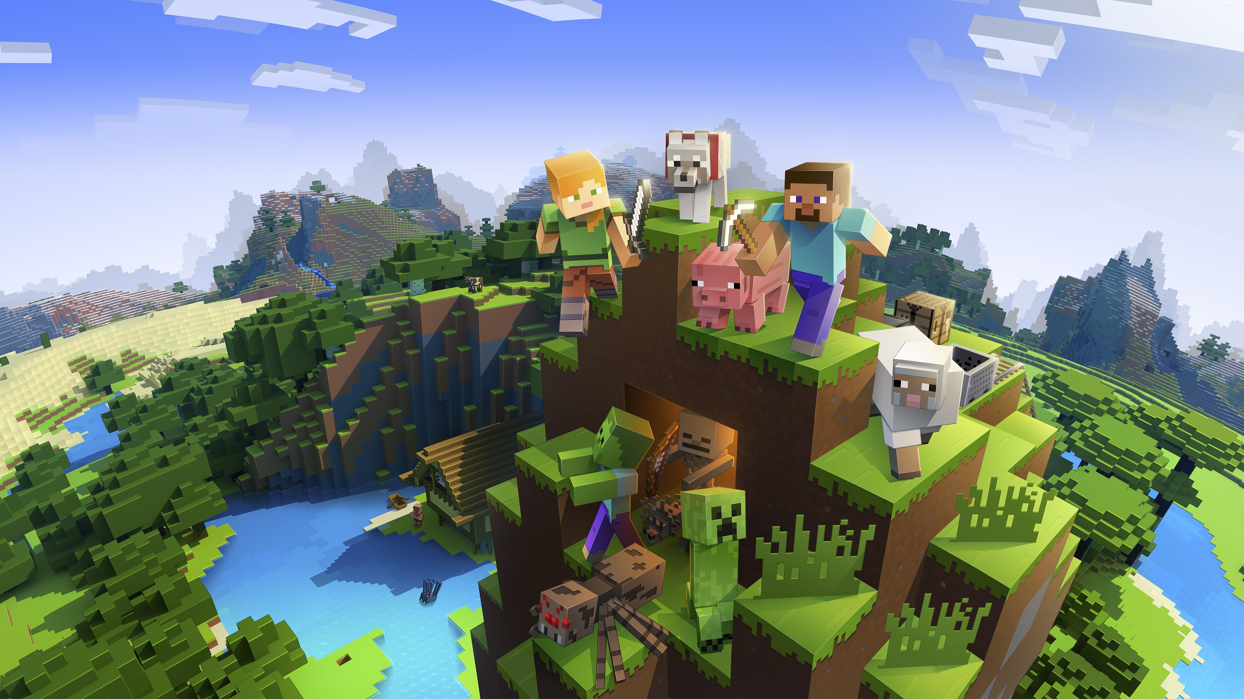 Minecraft, Videogame, Pixel art, Alex (Minecraft), Steve (Minecraft), Wolf (Minecraft), Zombie Pigman