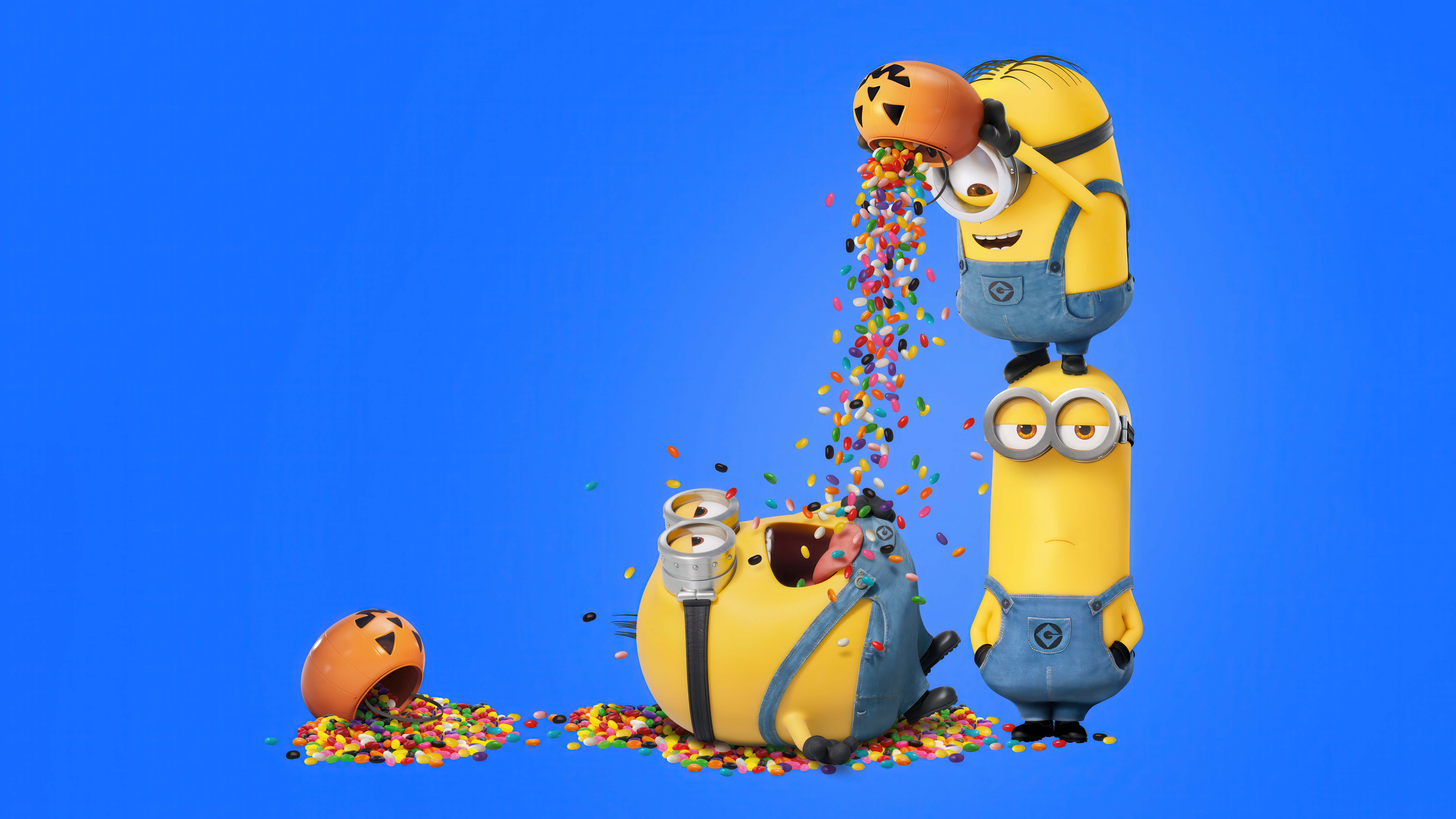 Minions, Festa de Halloween, Engraçado, Fundo azul, 5K, 8K, Doces