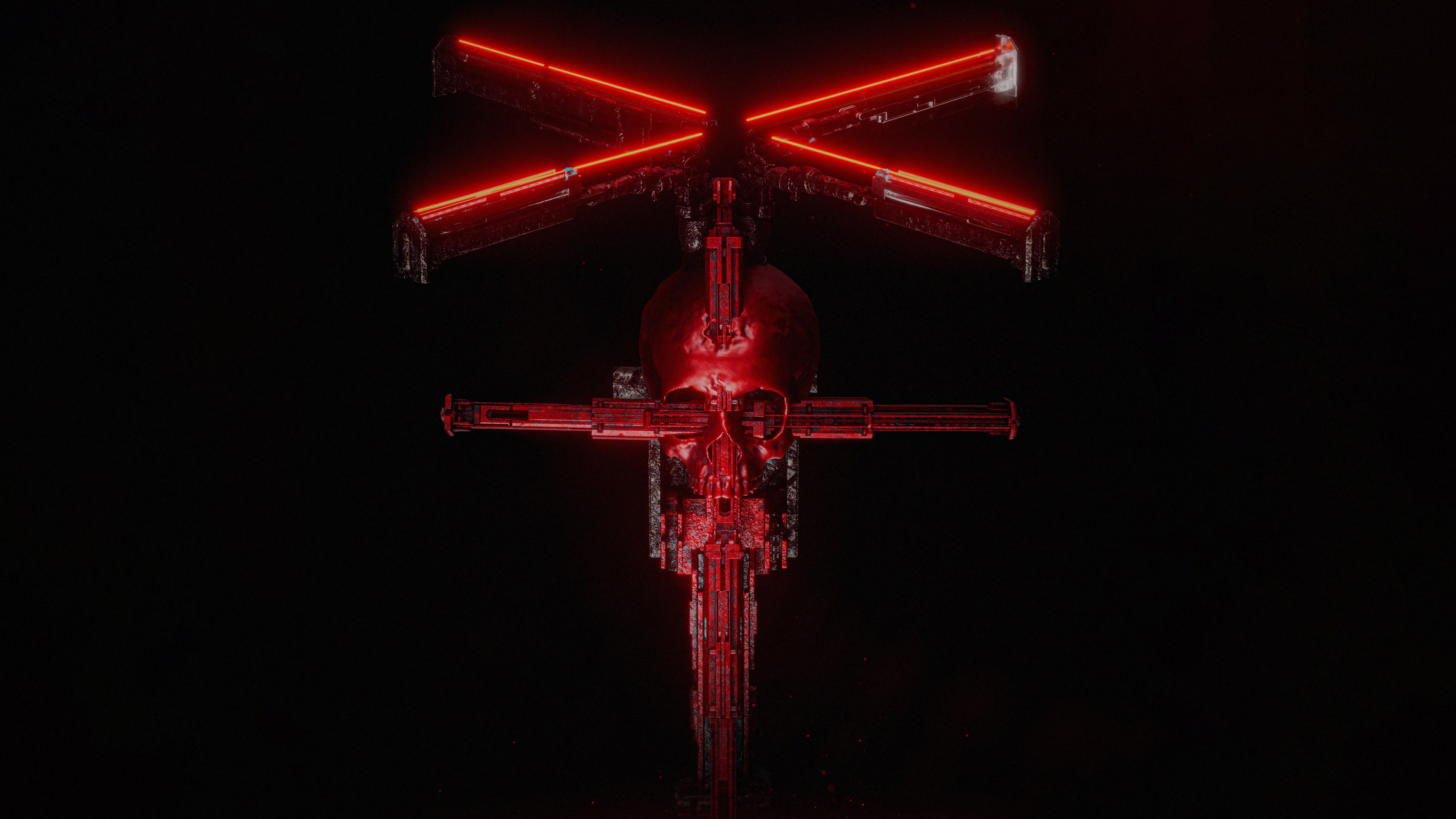 Misterioso, Artefato, Caveira, Arte neon, Brilho vermelho, Fundo preto, 5K