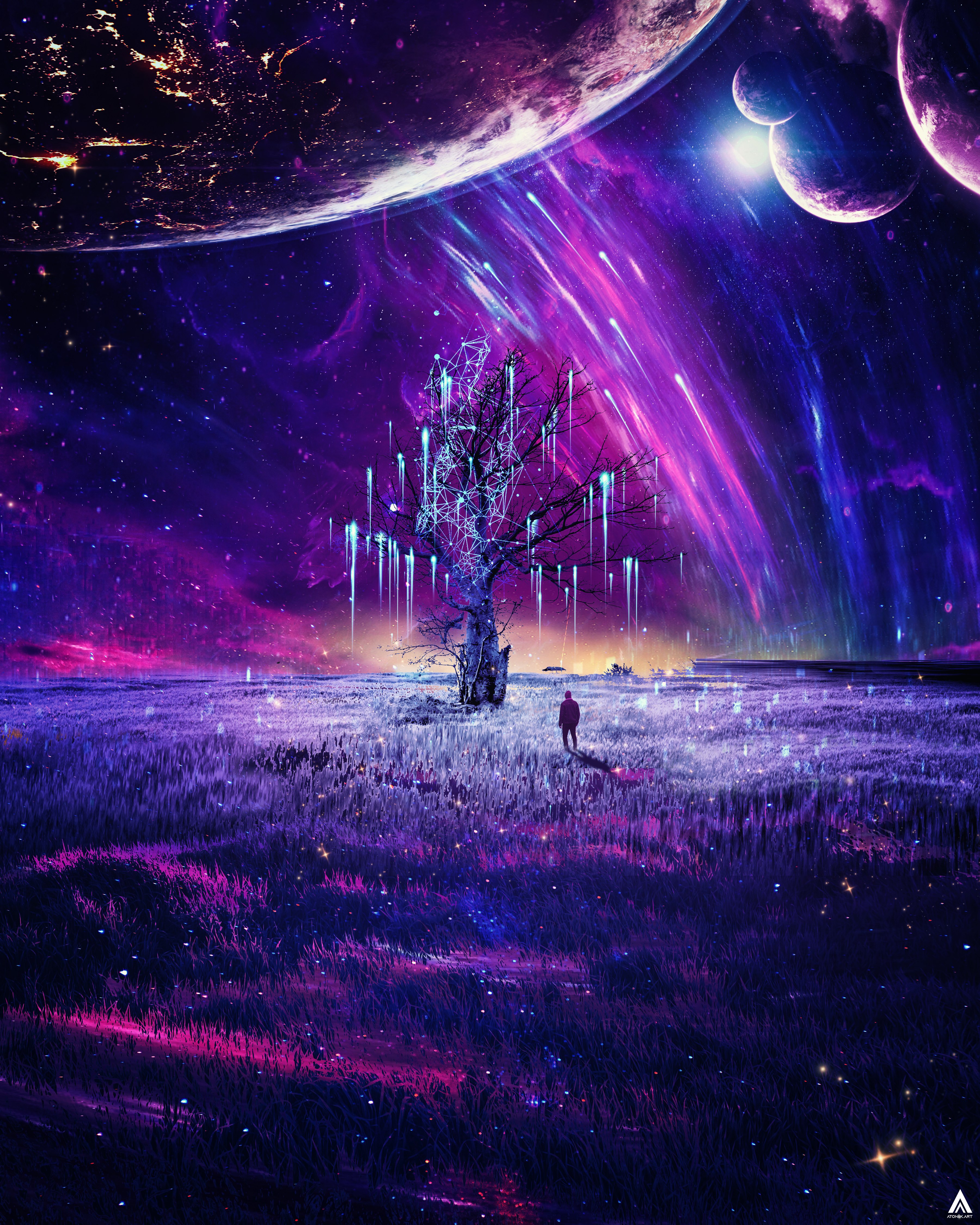Místico, Surreal, Sonho, Árvore, Planetas, Arte digital, Homem, Sozinho, Psicodélico