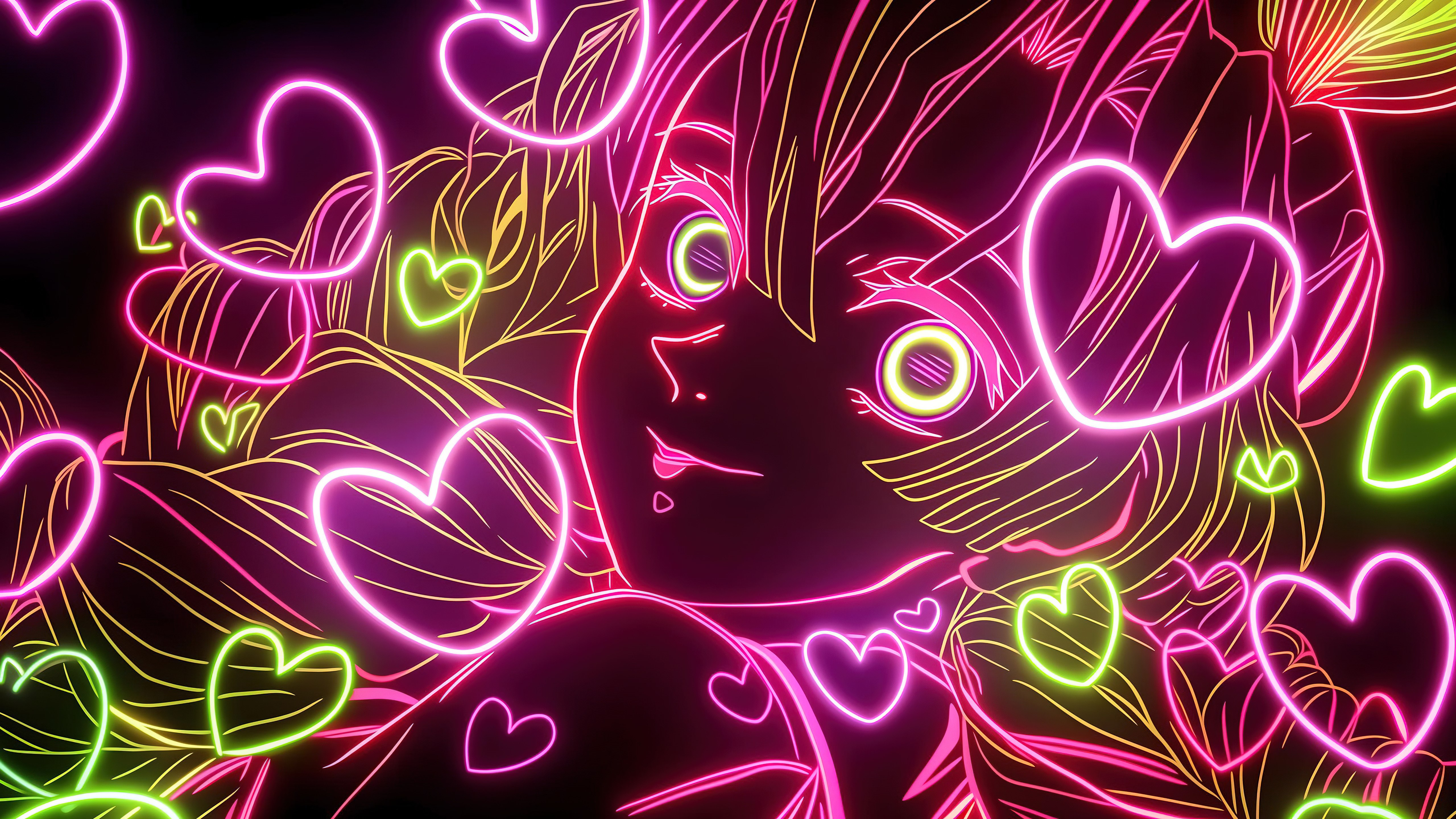 Mitsuri Kanroji, Estética rosa, Demon Slayer: Kimetsu no Yaiba, Corações rosa, Arte neon, 5K