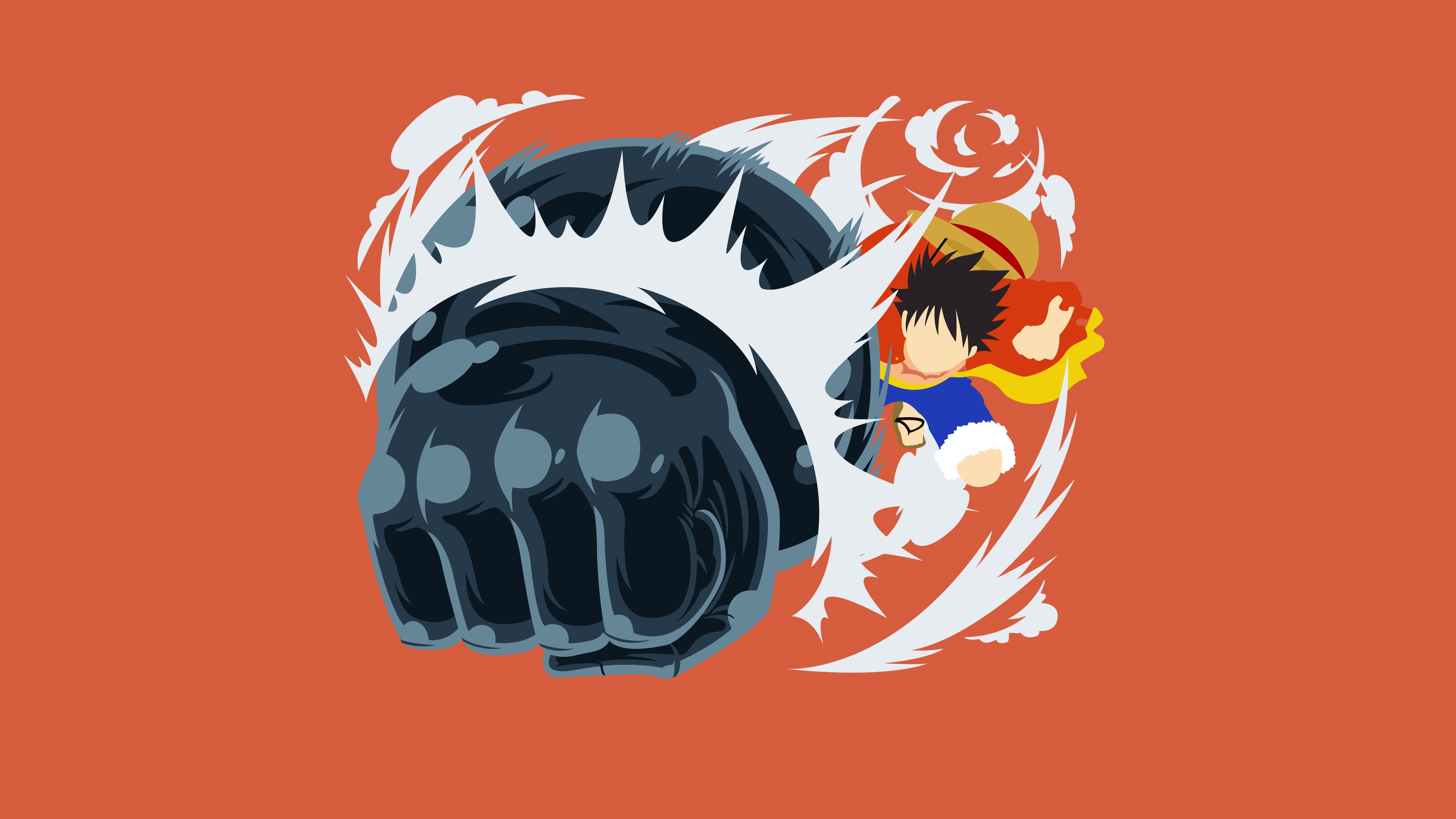 Monkey D. Luffy, Punho, One Piece, Fundo laranja, Arte minimalista, 5K