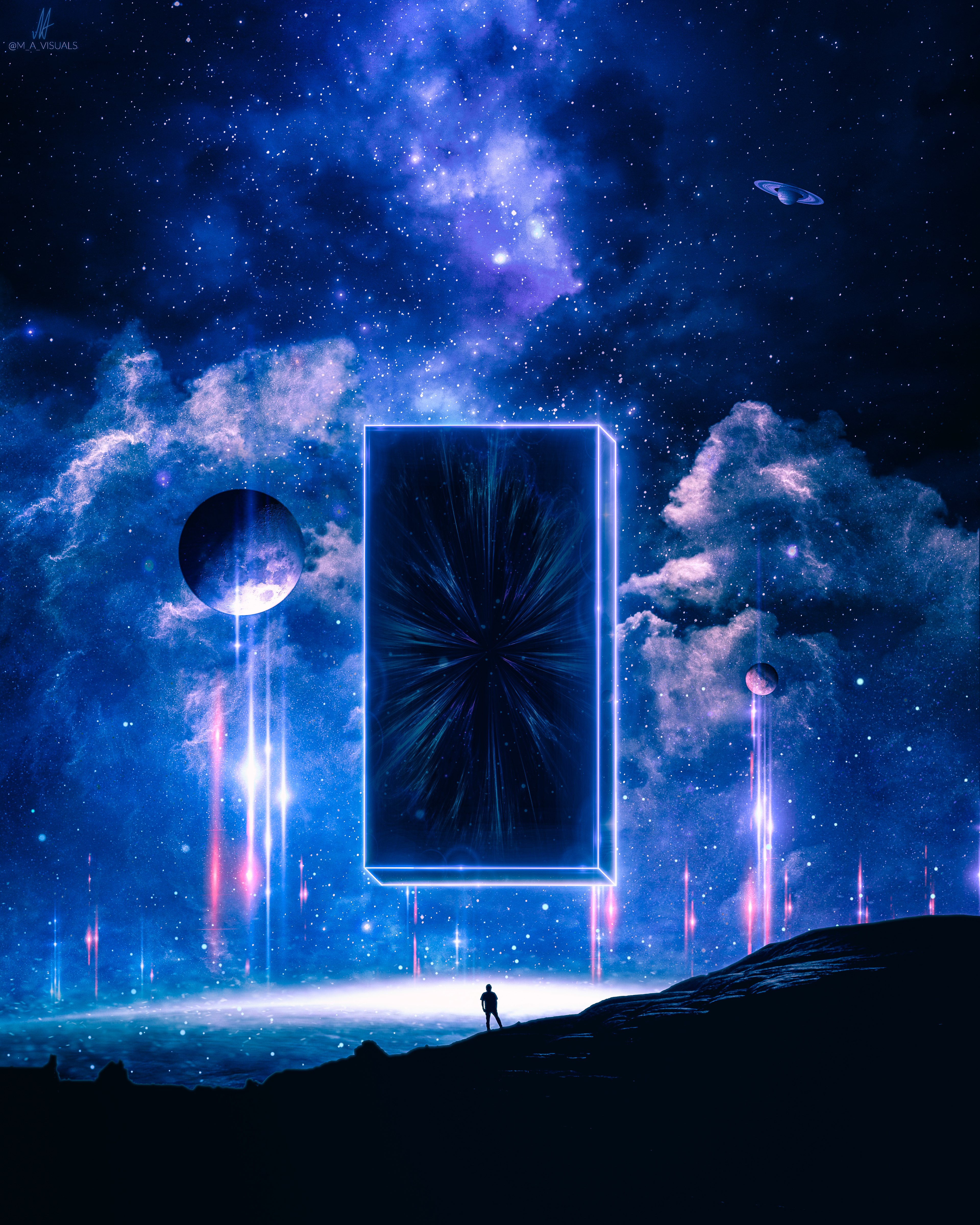 Monólito, Surreal, Planetas, Nuvens, Estrelas, Noite, Cosmos