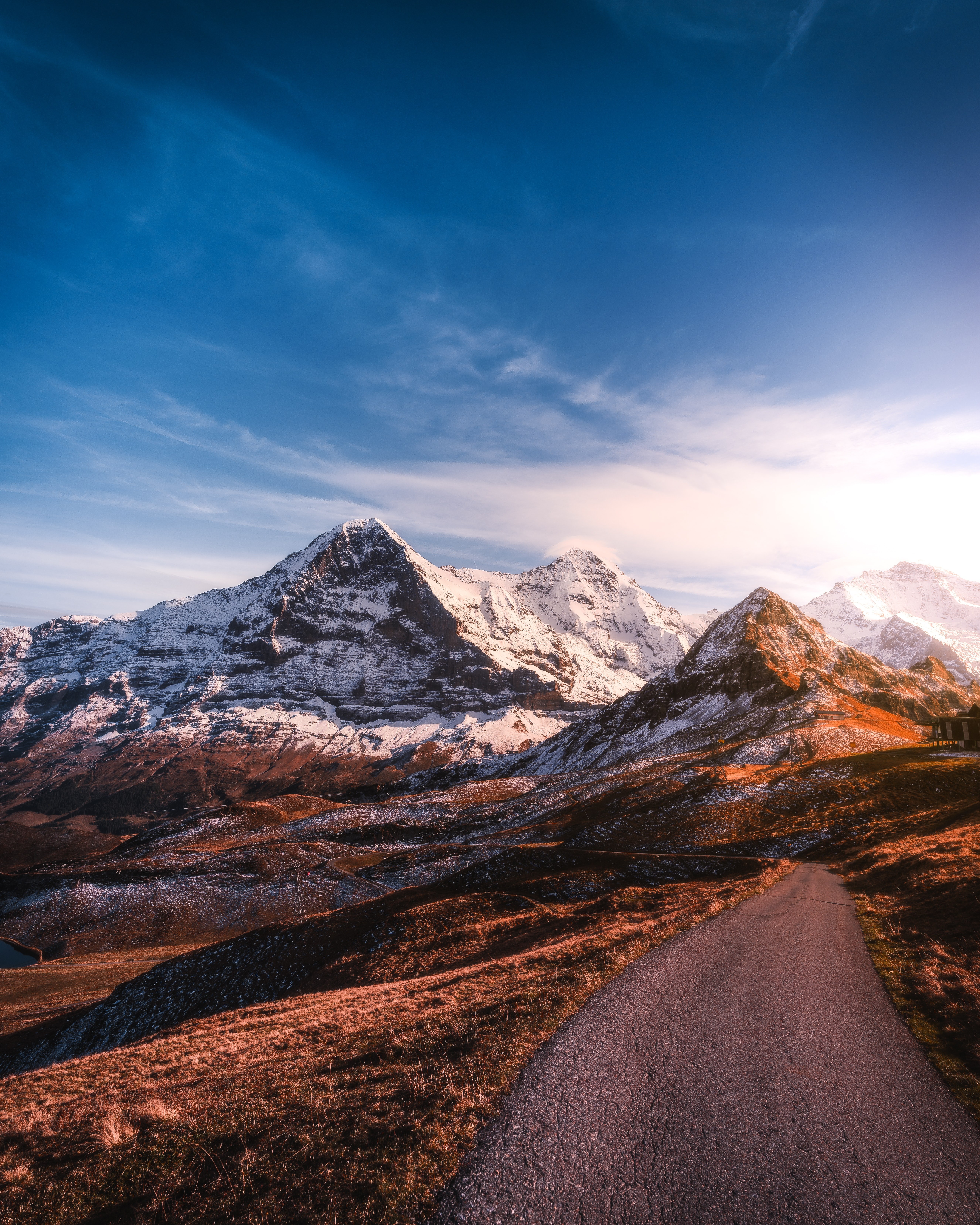 Montanhas glaciais, Coberto de neve, Pôr do sol, Estrada, Picos das montanhas, Céu limpo, Paisagem, Cenário, 5K