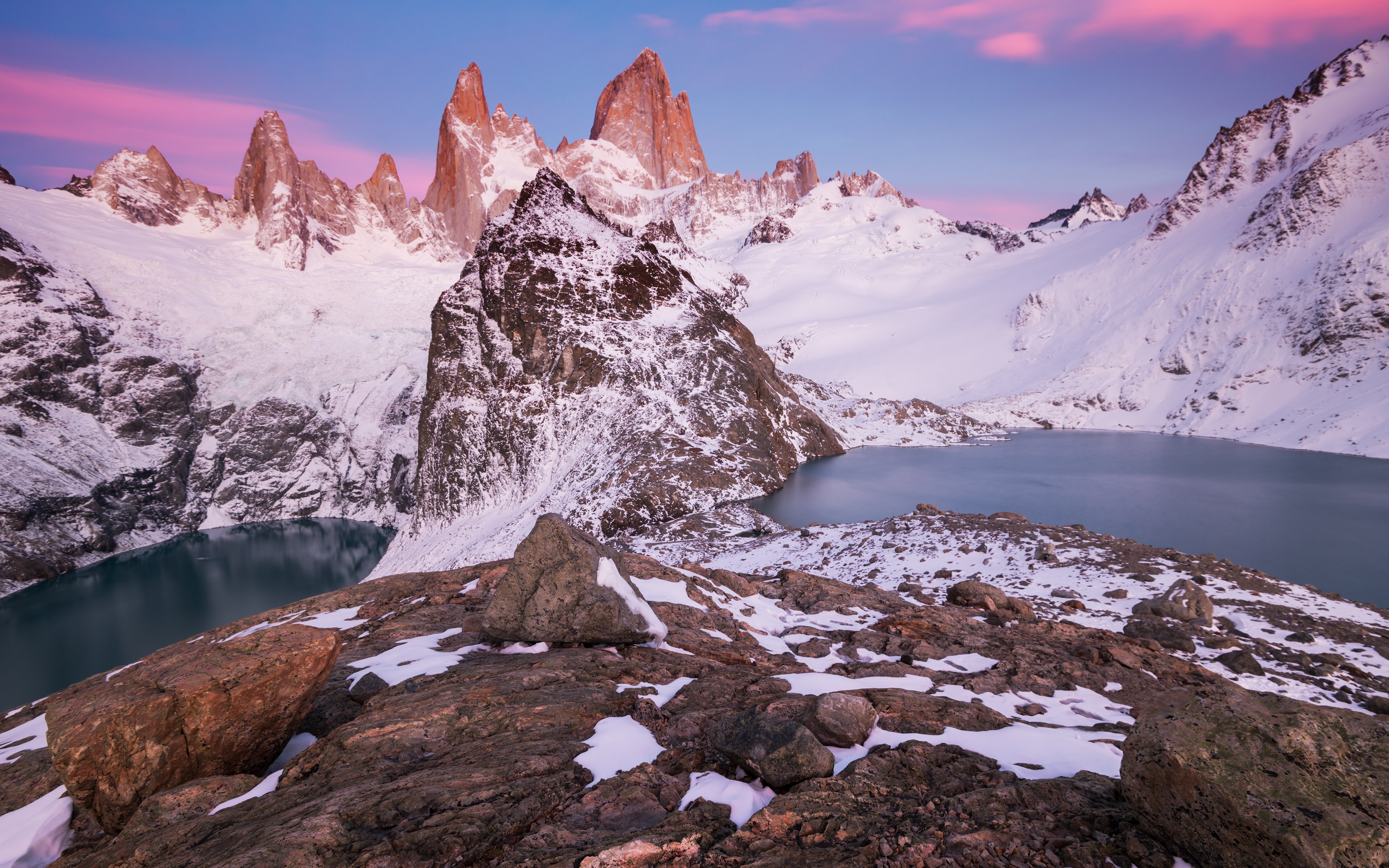 Montanhas glaciais, Inverno, Coberto de neve, Corpo d'água, Nascer do sol, Picos, Céu limpo