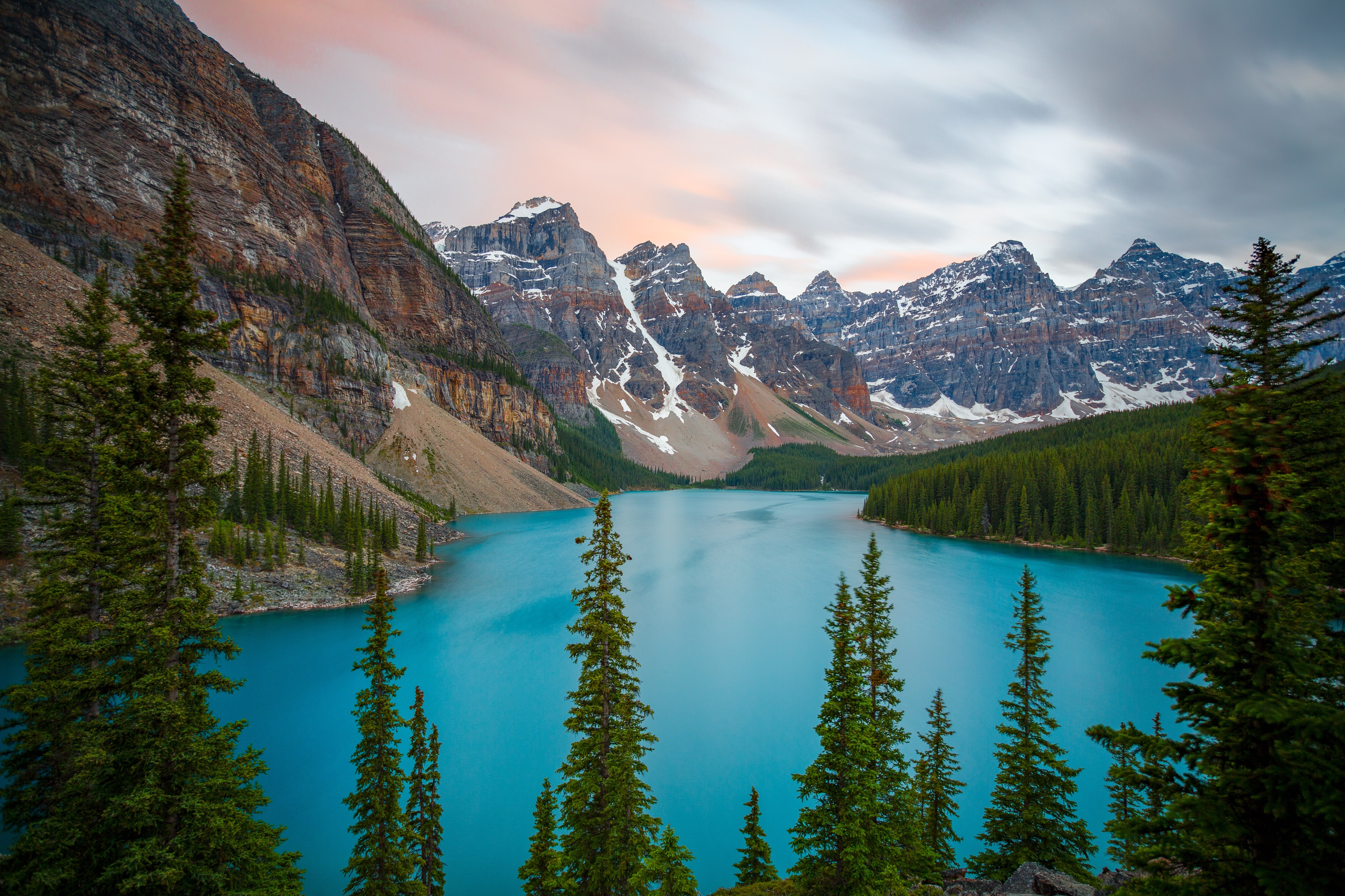 Montanhas nevadas, Moraine Lake, Alberta, Geleira, Vale, Rio, Paisagem, Árvores, Azul, Cênico, 5K, Canadá