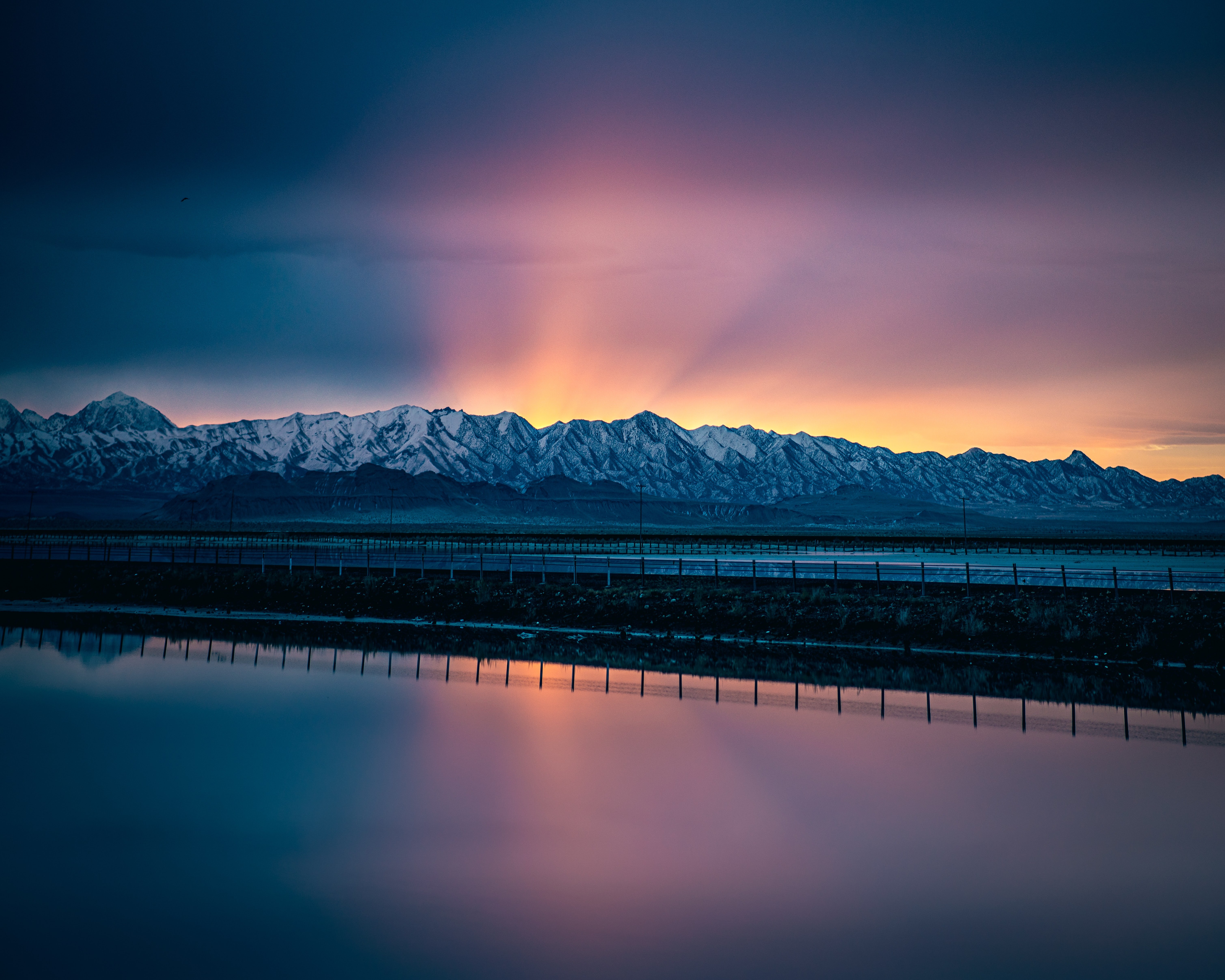 Montanhas nevadas, Paisagem, Nascer do sol, Salt Lake City, Água, Reflexo, Cenário, Reflexo, Cadeia de montanhas, Céu limpo, 5K