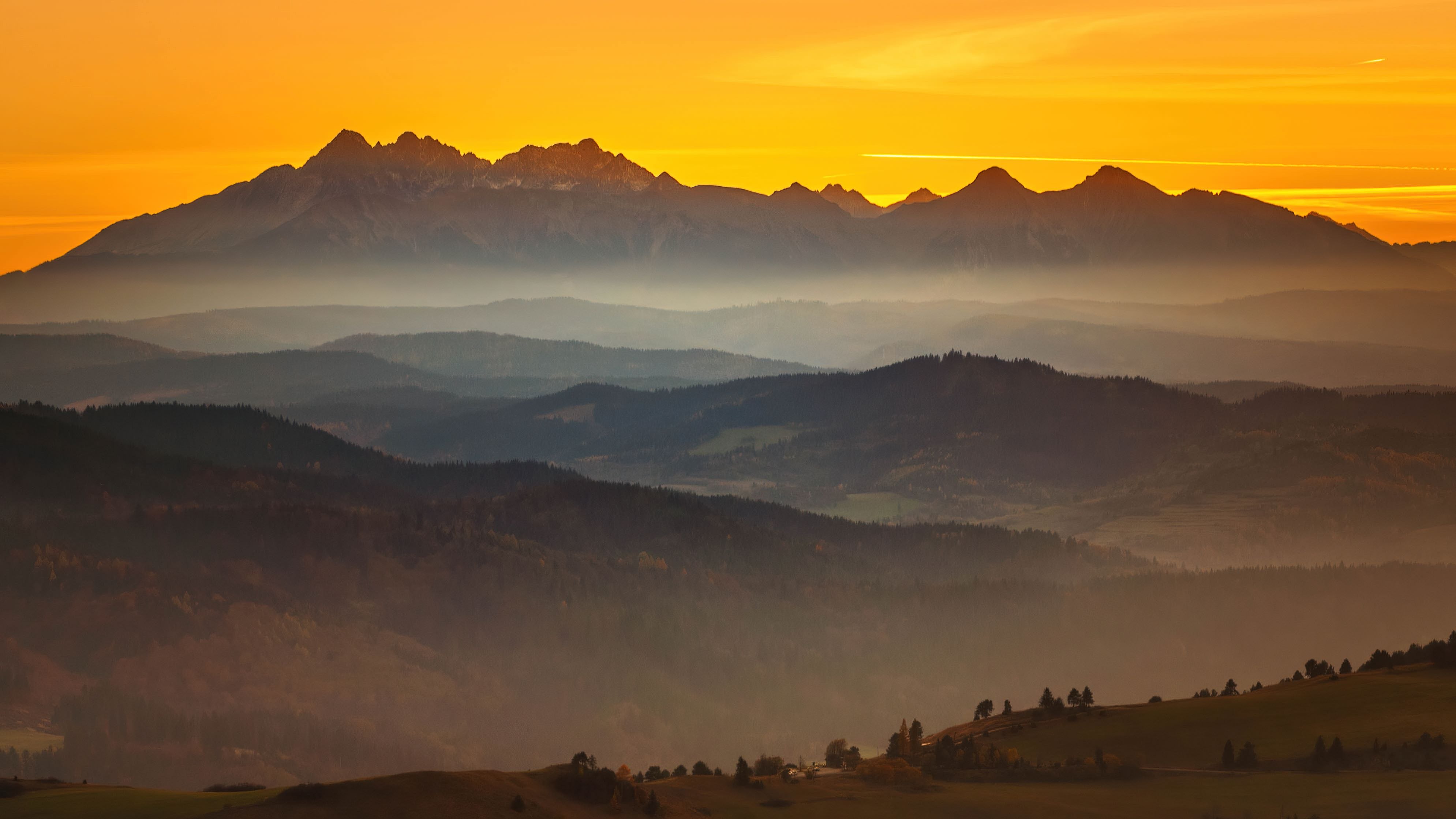 Montanhas Tatra, Cordilheira, Pôr do sol, Céu alaranjado, Europa