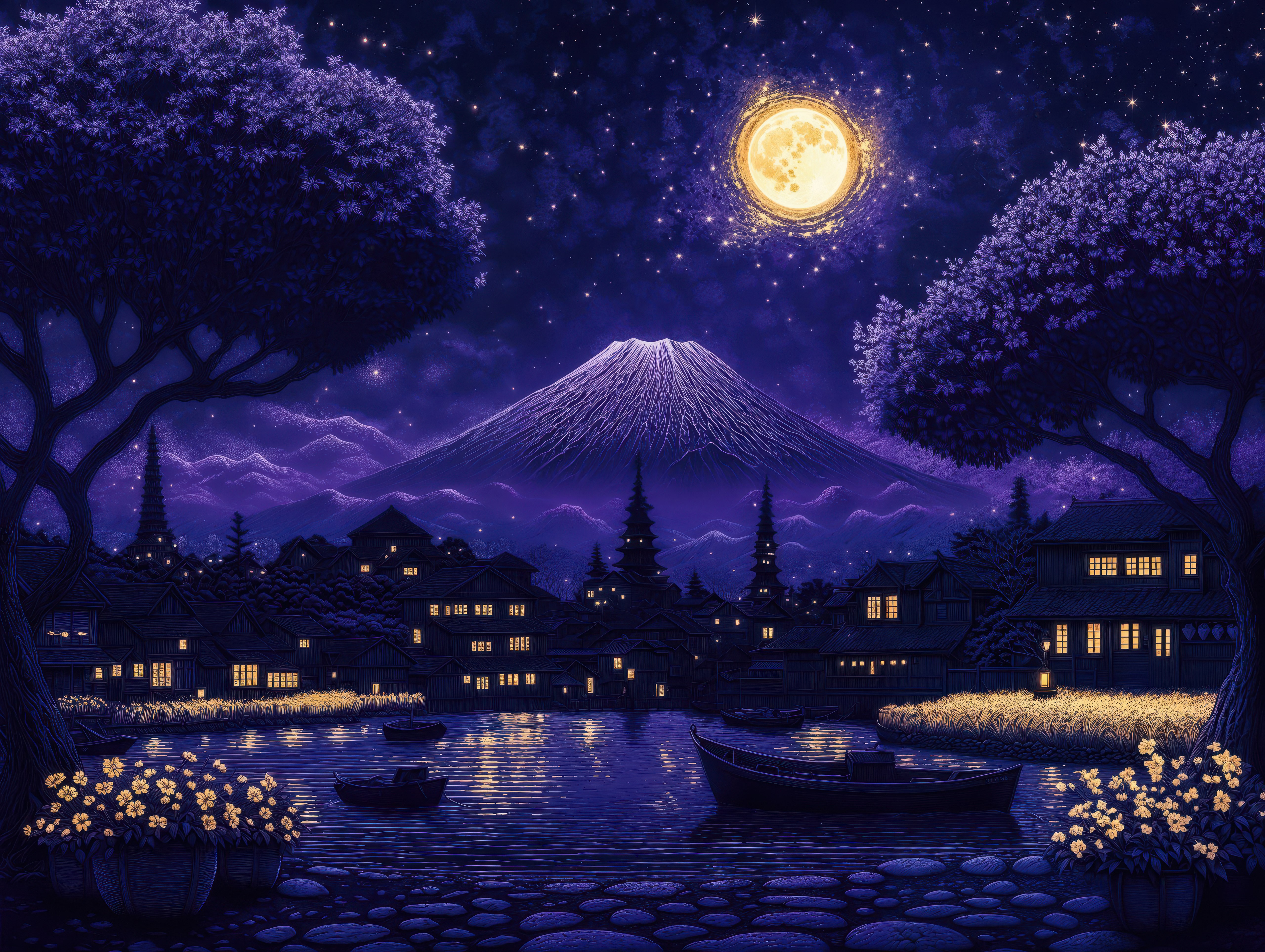Monte Fuji, Estética, Fundo índigo, Lua, Reflexo, Noite, Barcos, 5K, Arte de IA, Japonês