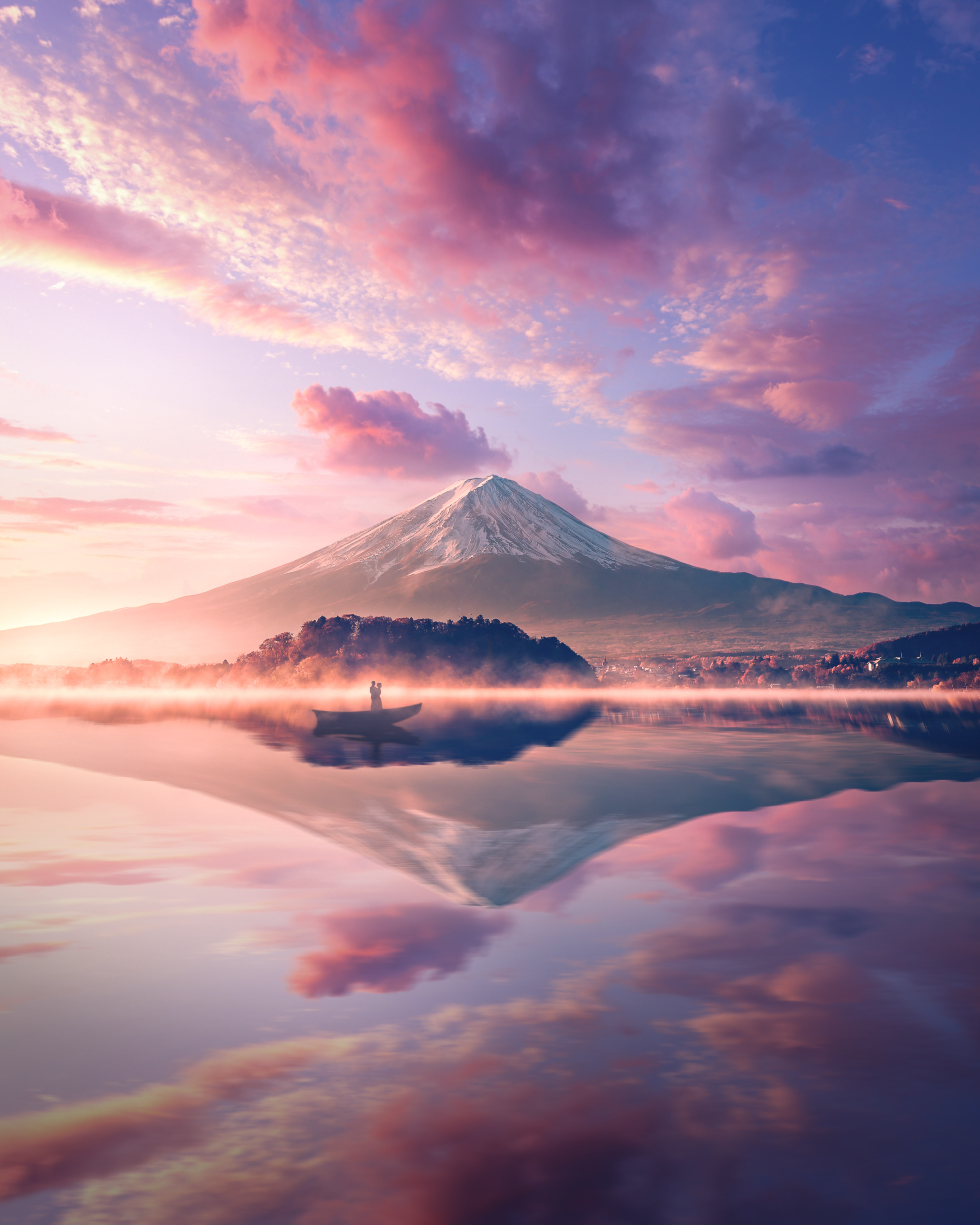 Monte Fuji, Vulcão, Japão, Rio, Reflexo, Barco, Casal, 5K