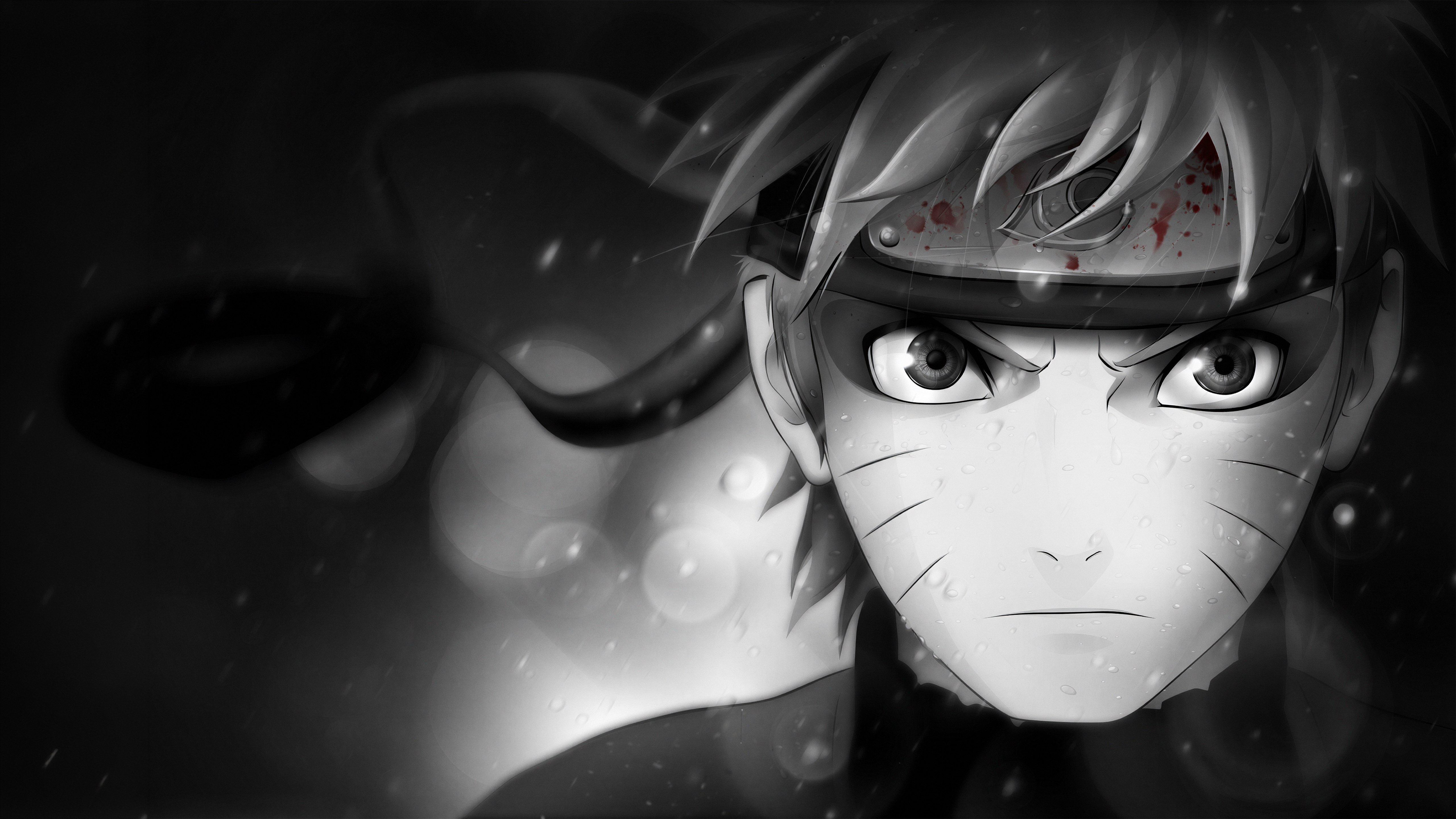 Naruto Uzumaki, Preto e branco, 5K, Dramático, Close-up, Fundo monocromático