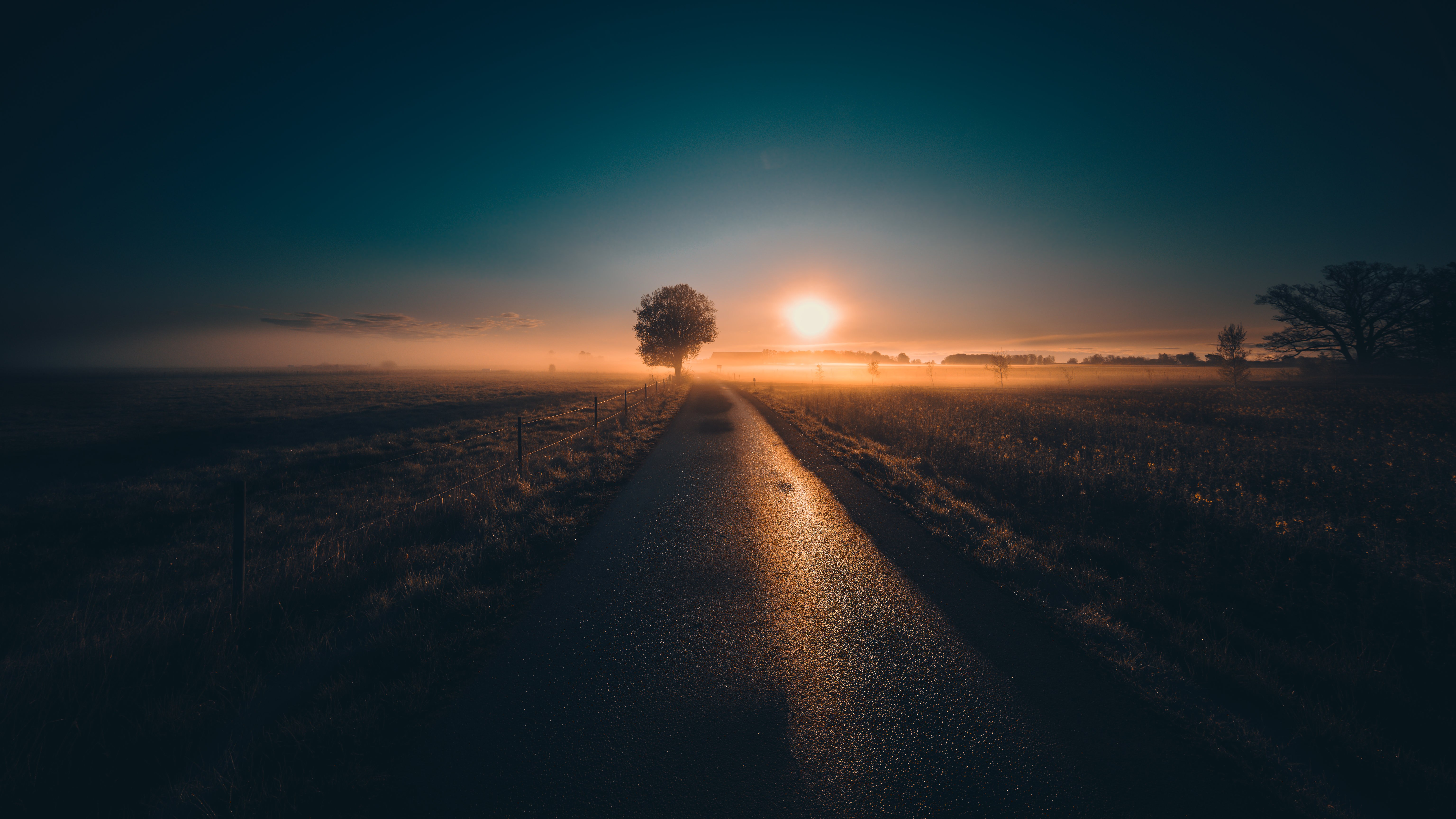 Nascer do sol, Suécia, Paisagem, Estrada, Campo, 5K